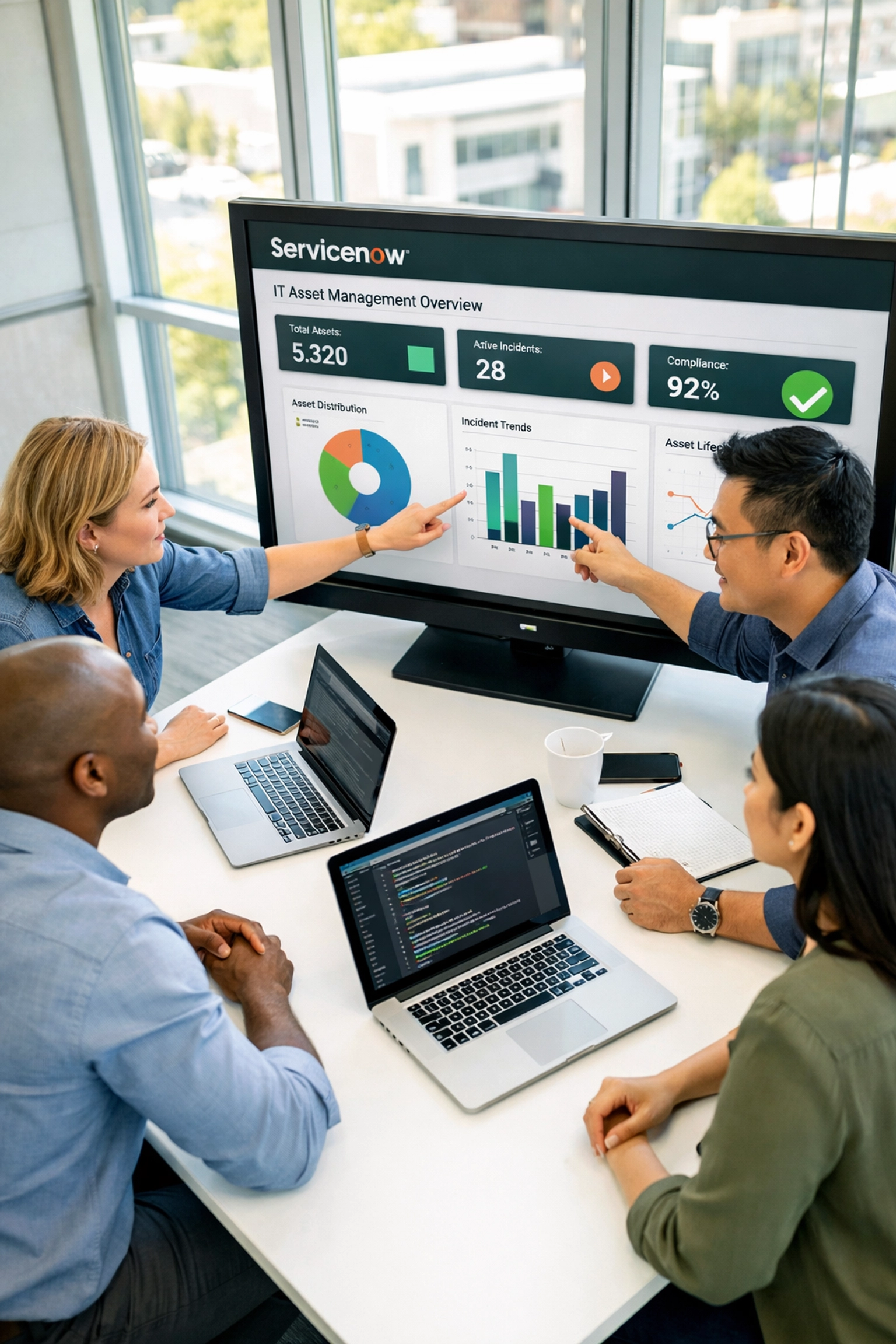 IT professionals reviewing ServiceNow ITAM dashboard metrics and ROI calculations