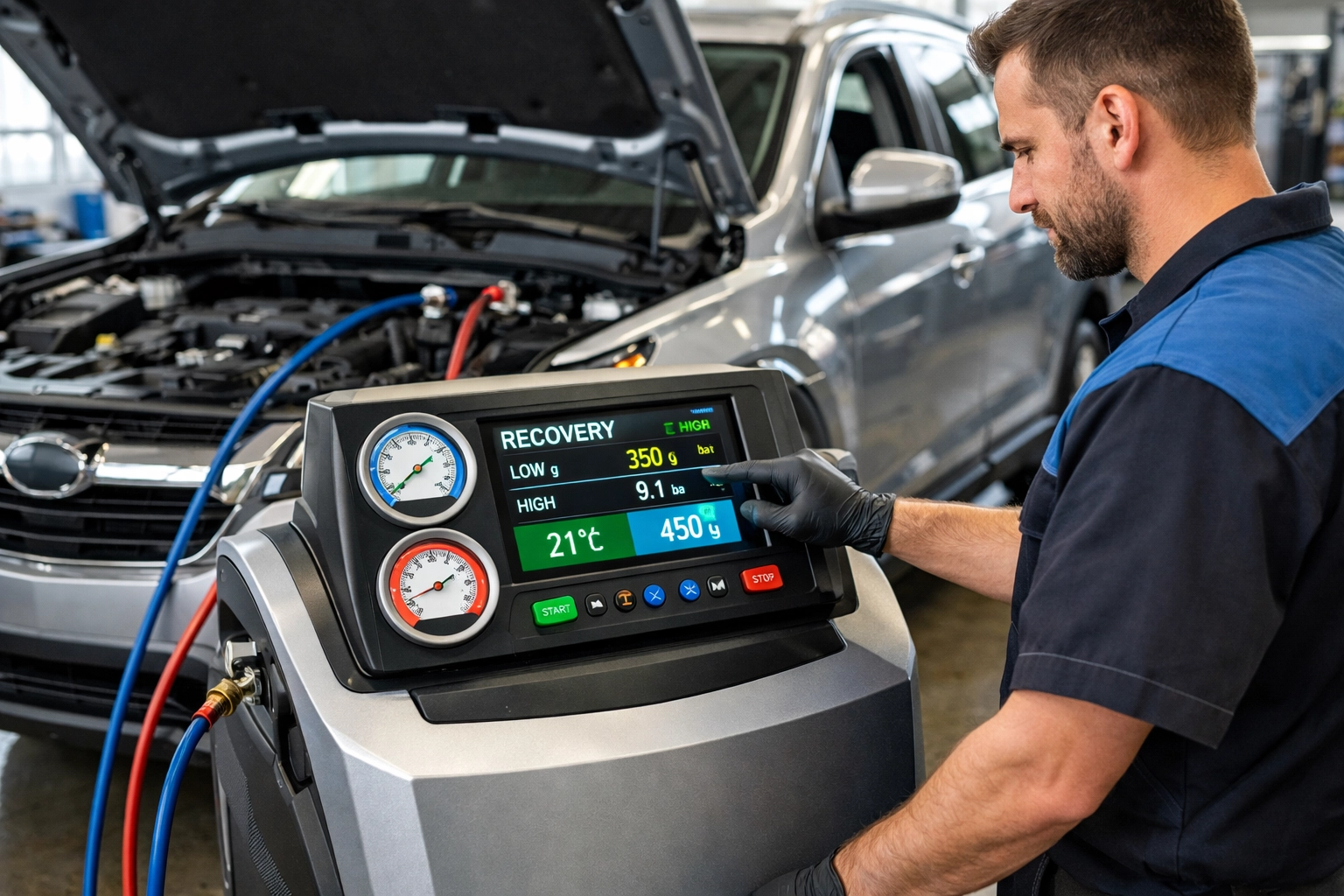 Professional mechanic in Bonne Terre MO using advanced AC recovery equipment for late-model vehicle repair.