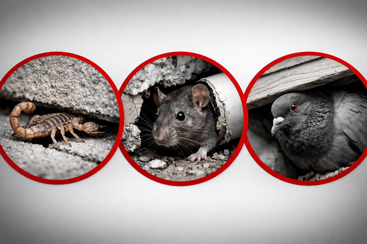 Common Coolidge pests including scorpion, rodent, and pigeon at entry points