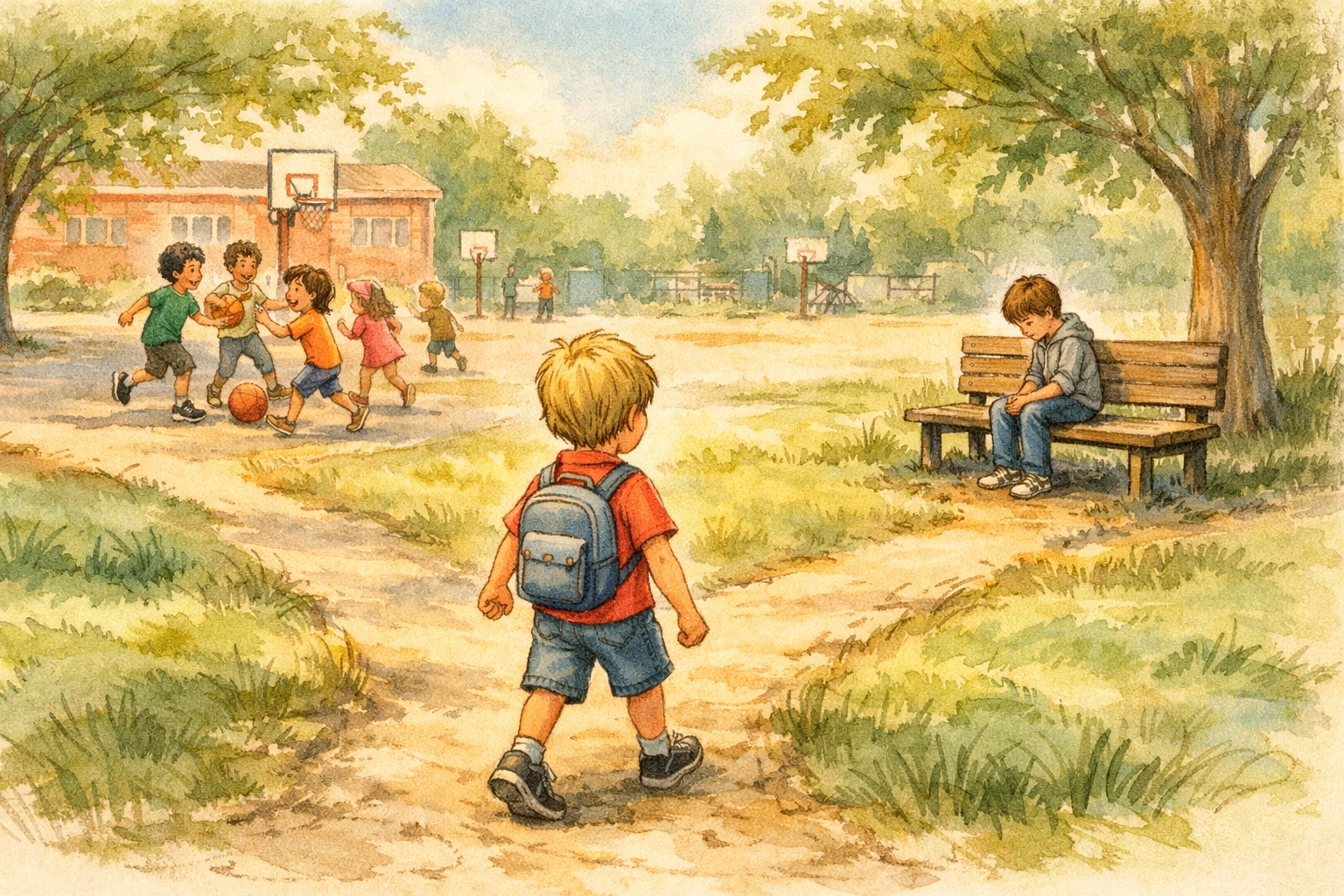 Child choosing courage on playground, standing between popular group and lonely classmate