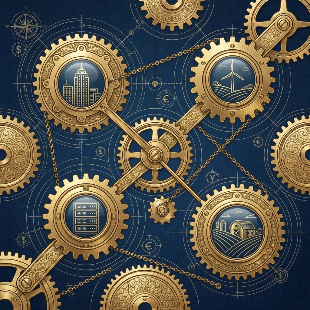 Intricate golden gears and miniature scenes show the complexity and interconnected risk structure of alternative investment funds.