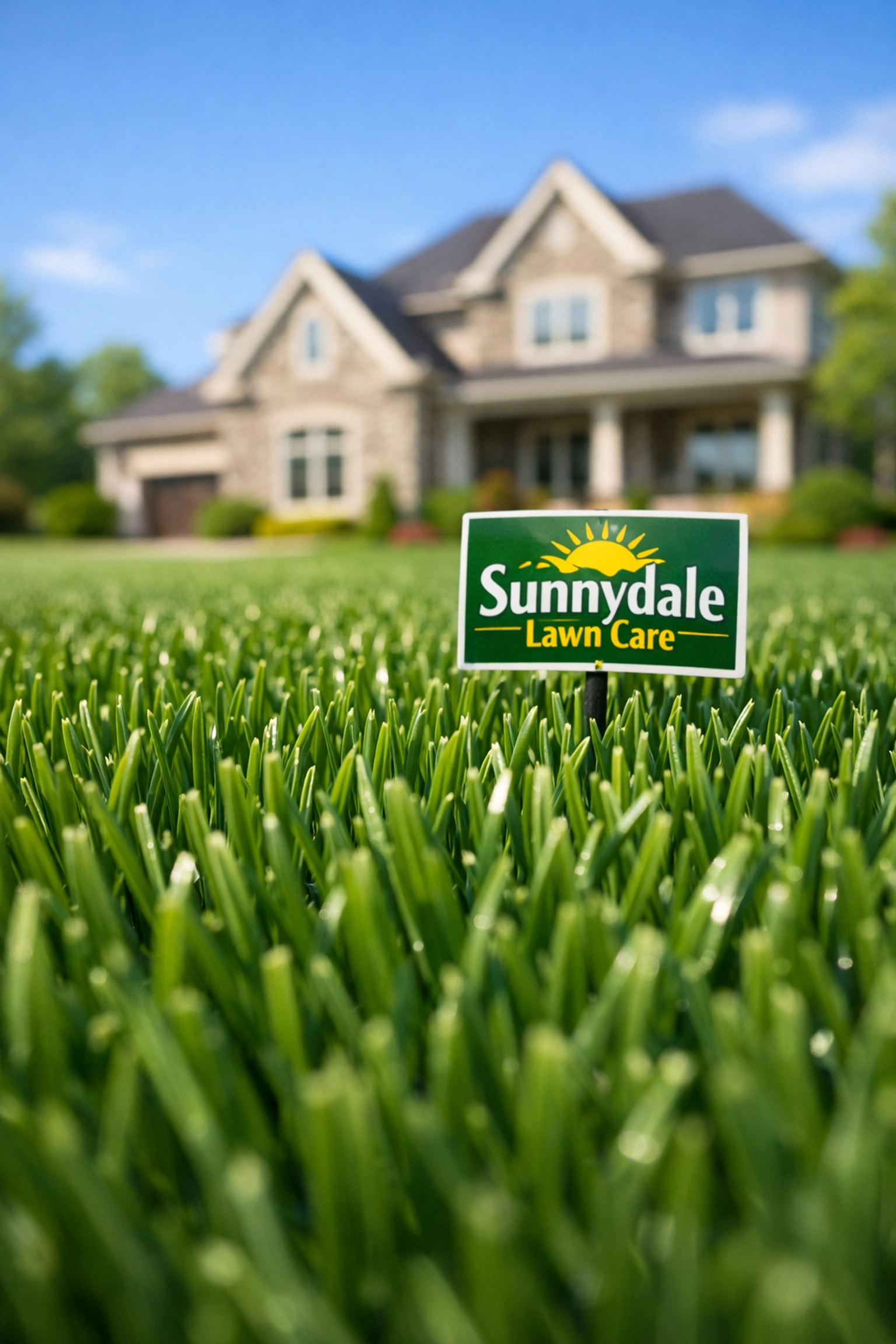 Healthy, weed-free green lawn featuring a Sunnydale Lawn Care yard sign in a residential neighborhood.