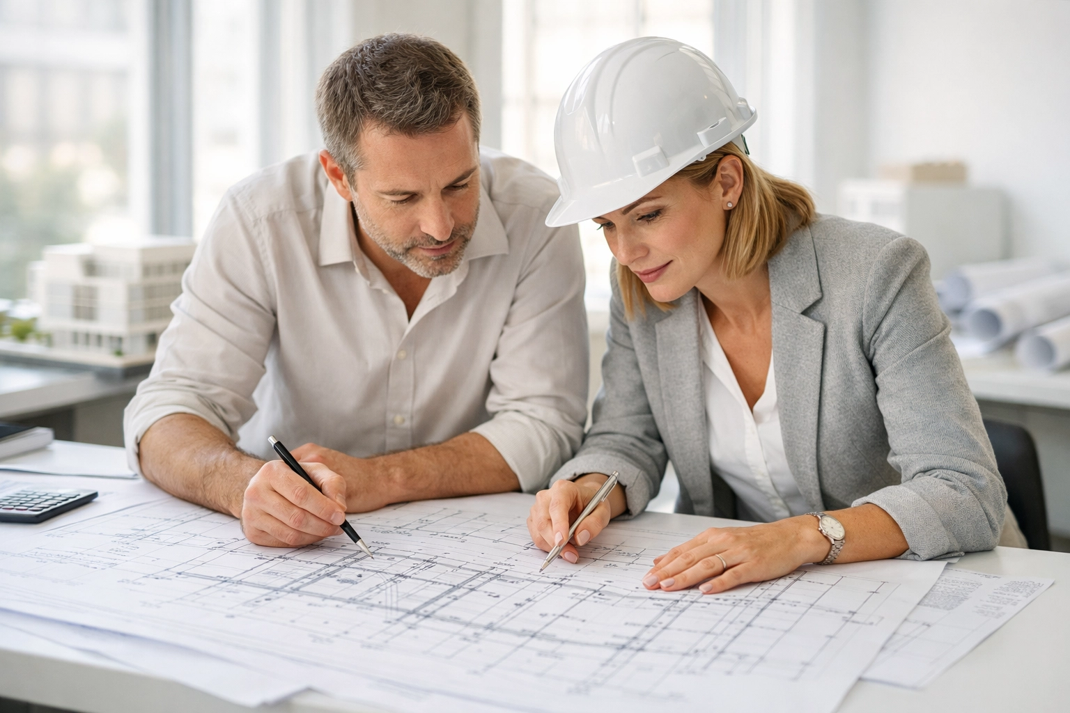 Architect and structural engineer collaborating on construction drawings and plans