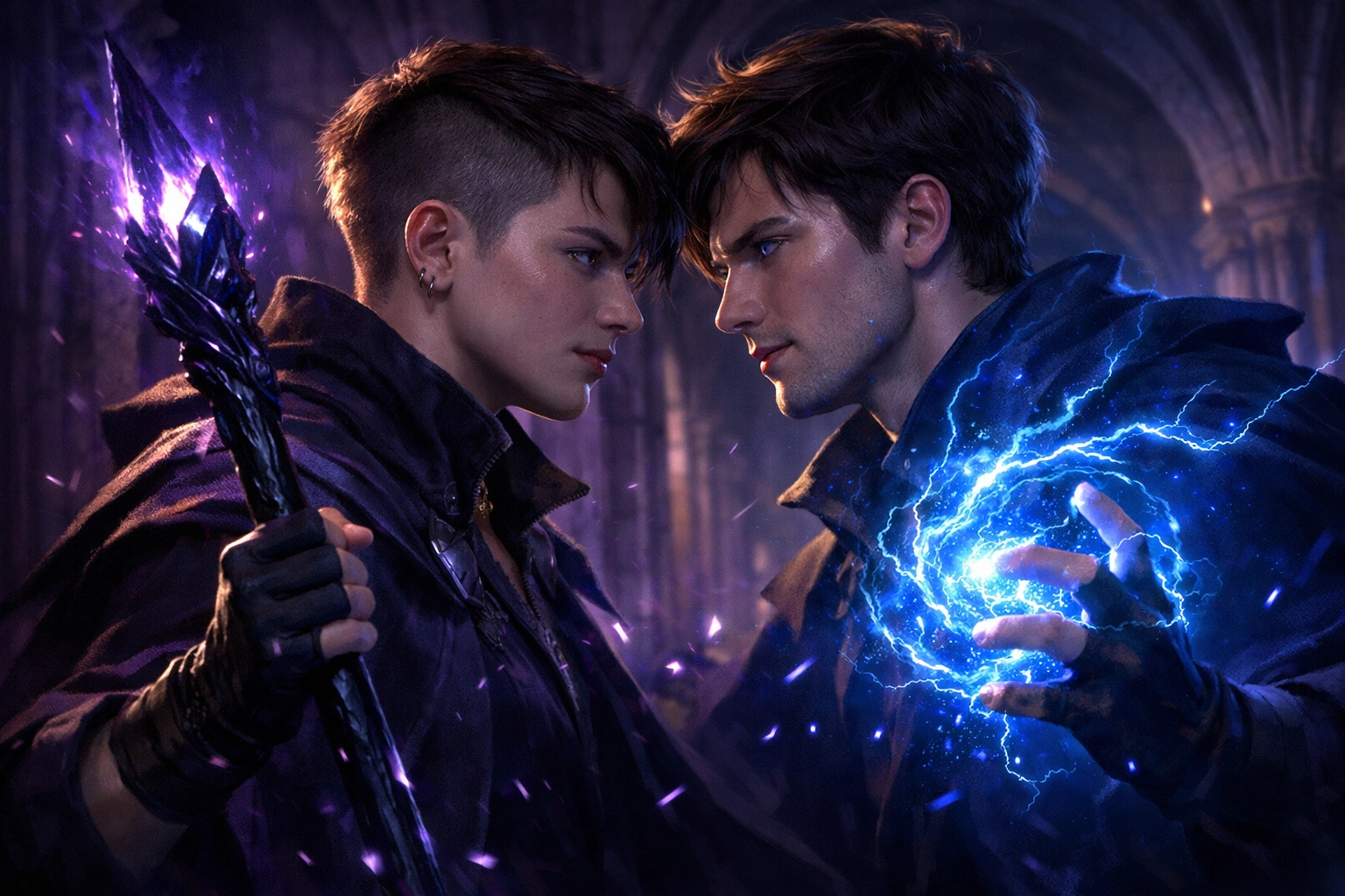 Two young men in a magical duel at a Gothic academy, illustrating the enemies to lovers trope in queer fantasy.