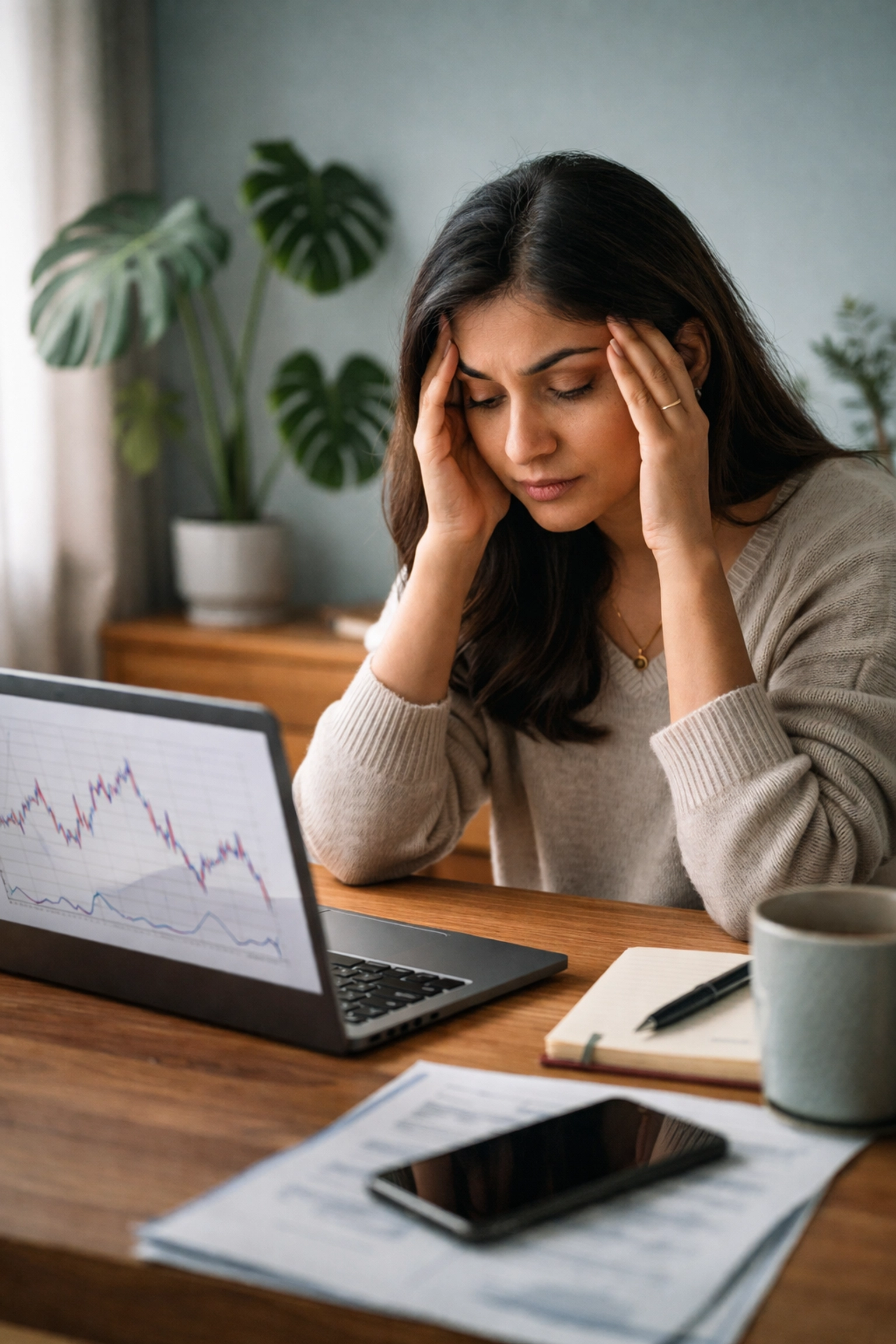 Self-employed woman in home office feeling anxious about fluctuating income