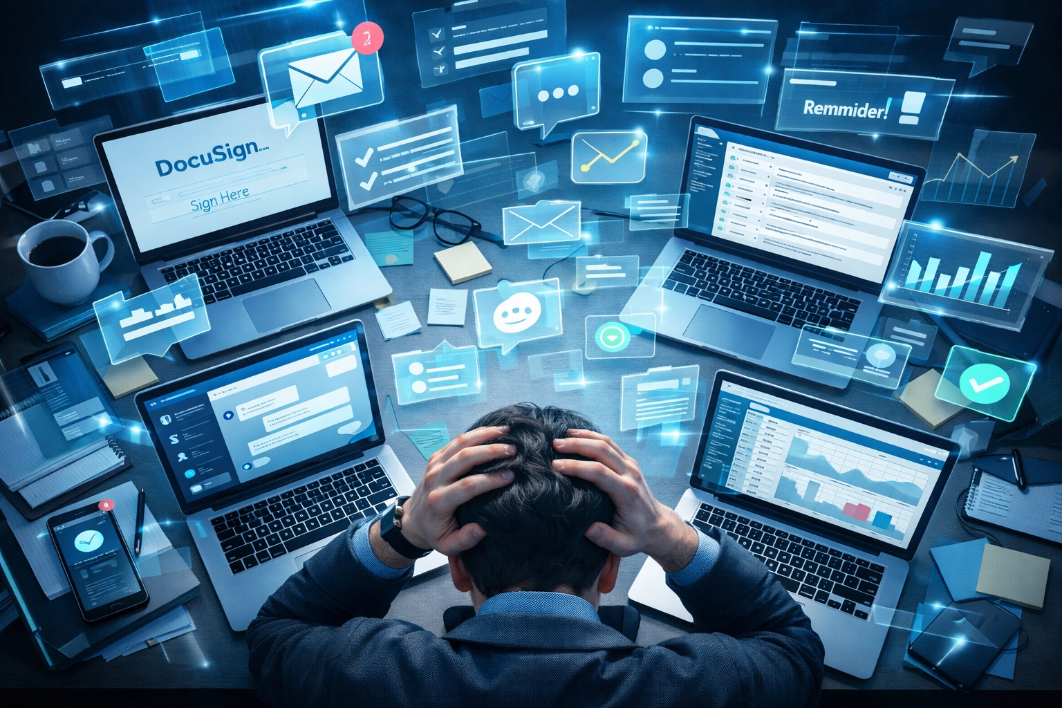 Cluttered workspace with multiple software tools showing fragmented client management systems