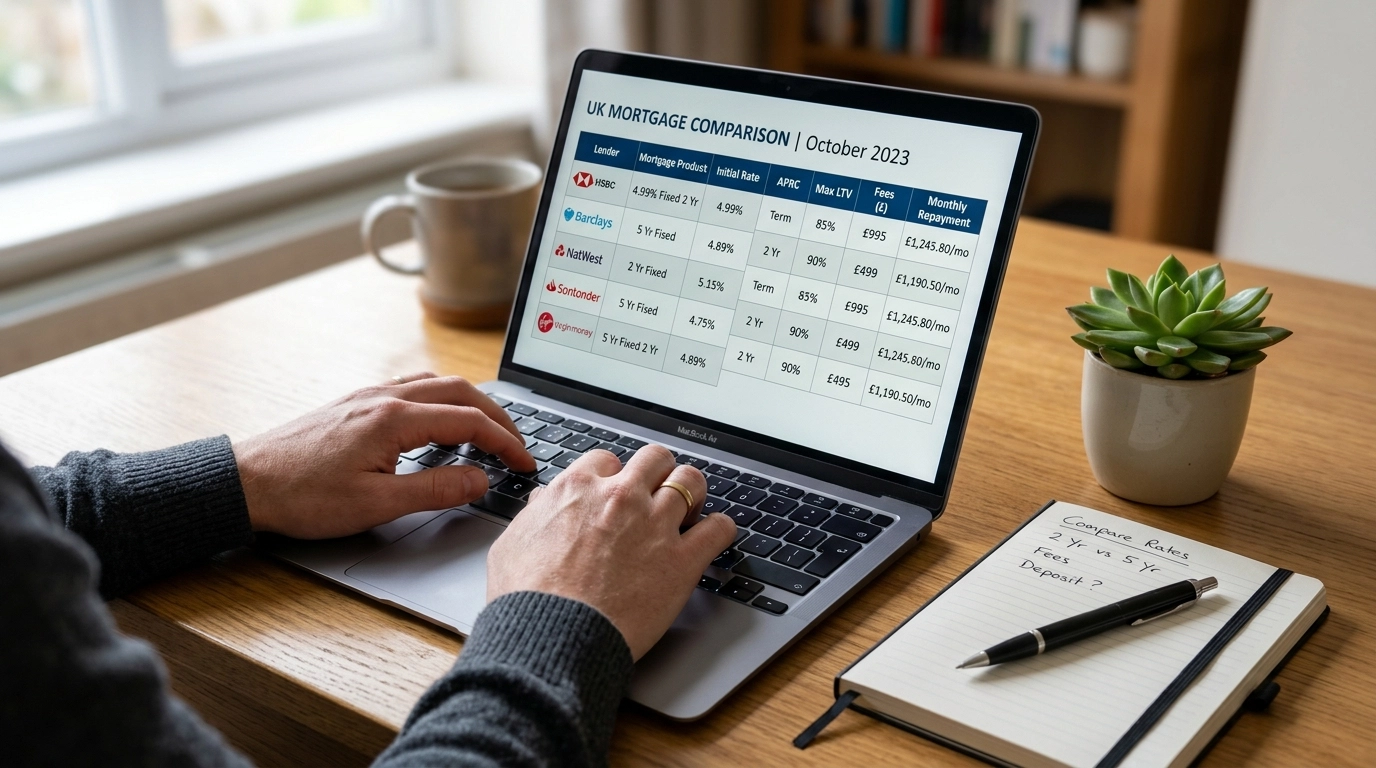 A person's hands on a laptop showing a mortgage comparison table with £ signs and UK bank details.