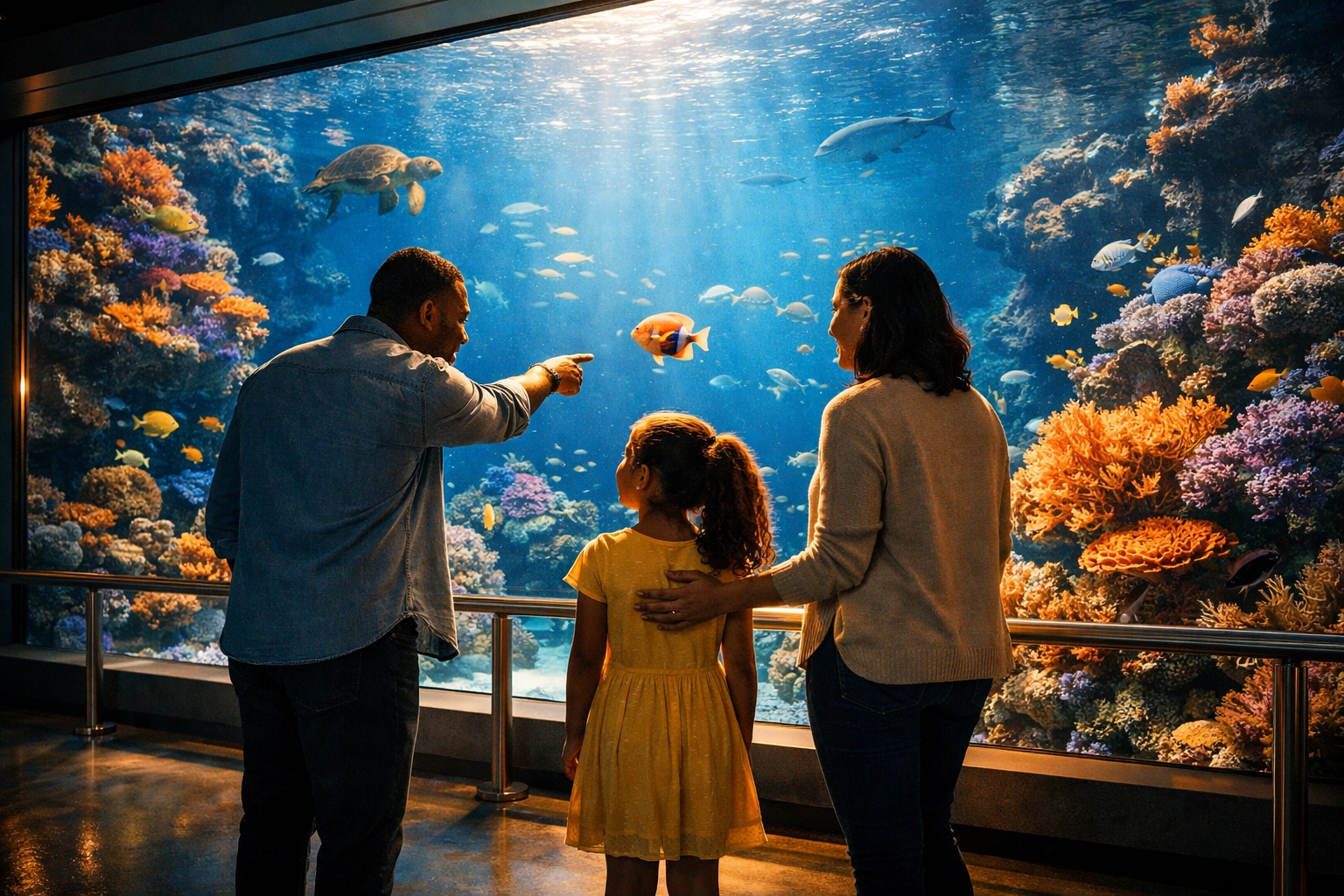 Family at an aquarium exhibit representing educational brand alignment and zoo media partnership solutions.