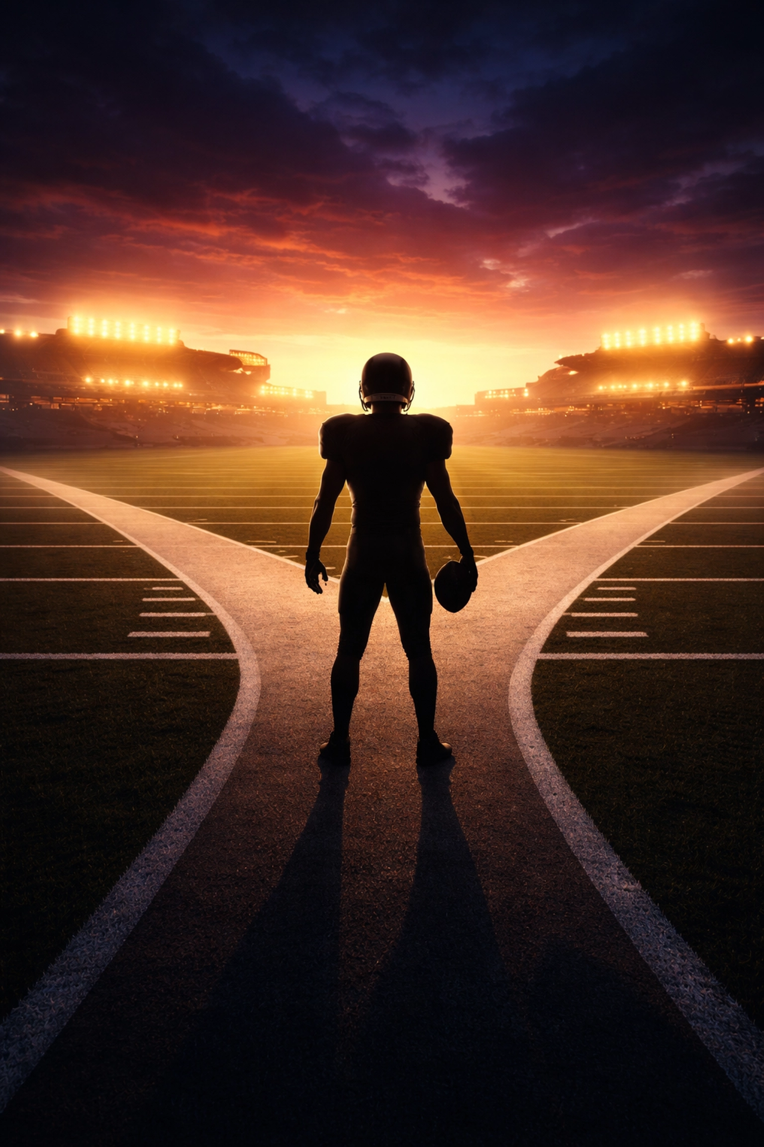 Football player at a crossroads on the field at sunset, symbolizing portal transfers and new career paths