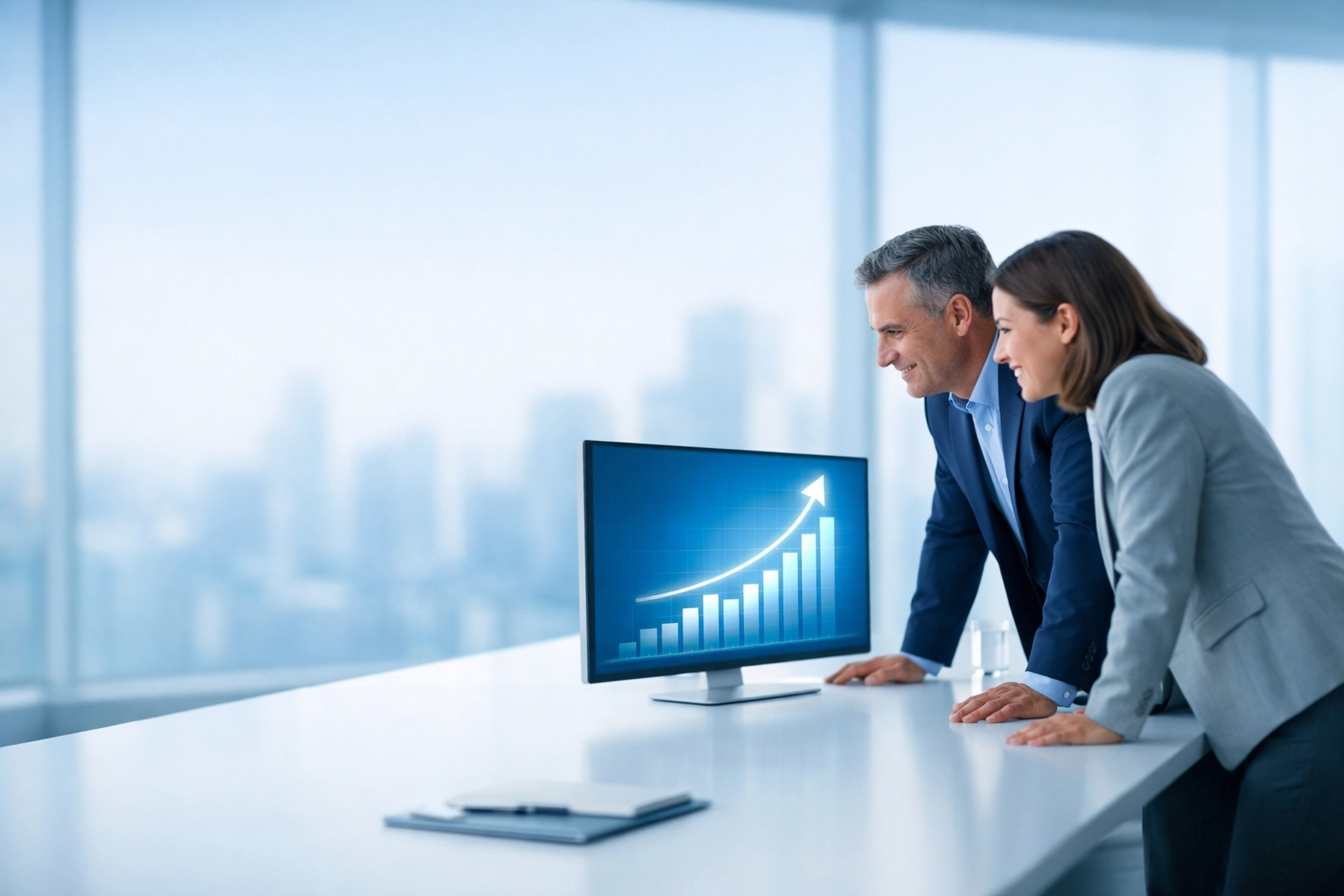 Business professionals looking at a growth chart, shifting focus from cost to partnership results.