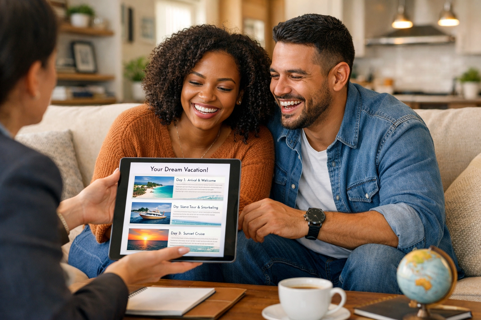 Couple reviewing custom travel itinerary with travel agent during consultation meeting