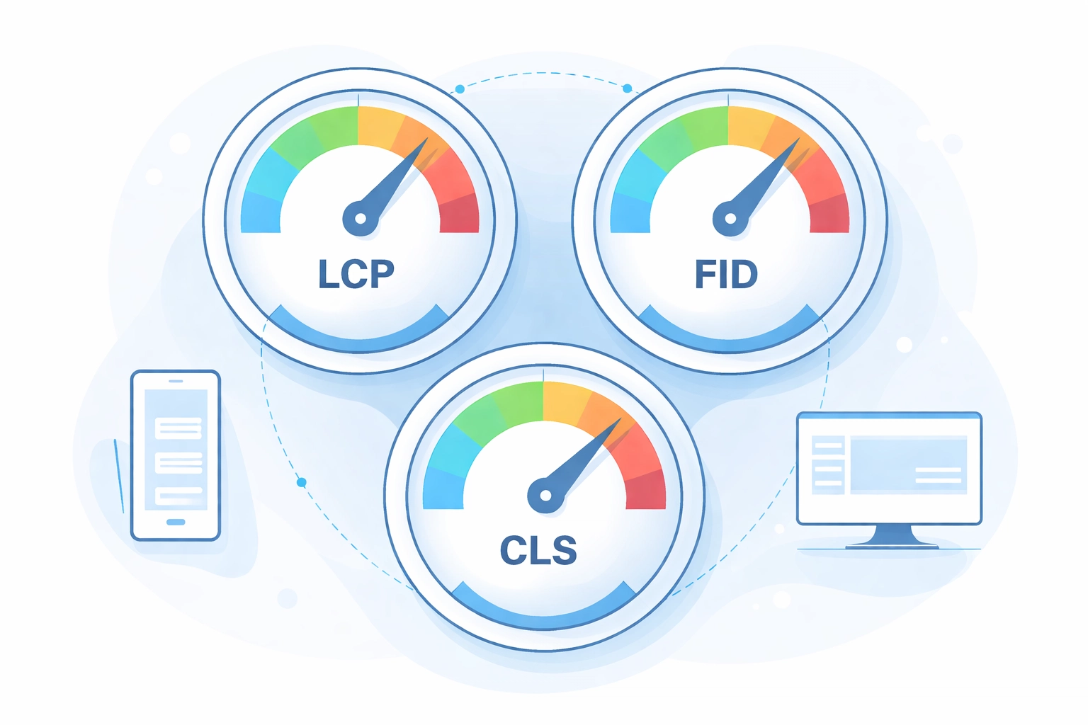 Three digital gauges representing Core Web Vitals metrics to showcase UX impact on SEO performance