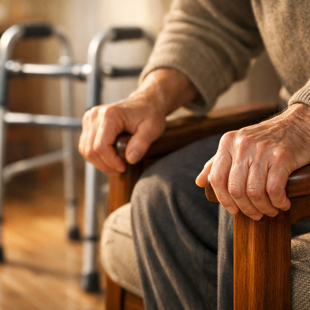 Proper technique showing hands pushing off chair armrests to stand before using a walker.