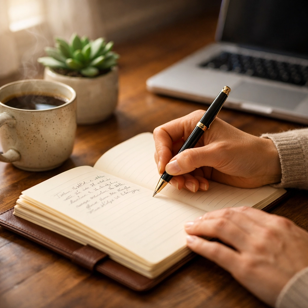 Career transition planning with journal and coffee showing focused coaching work