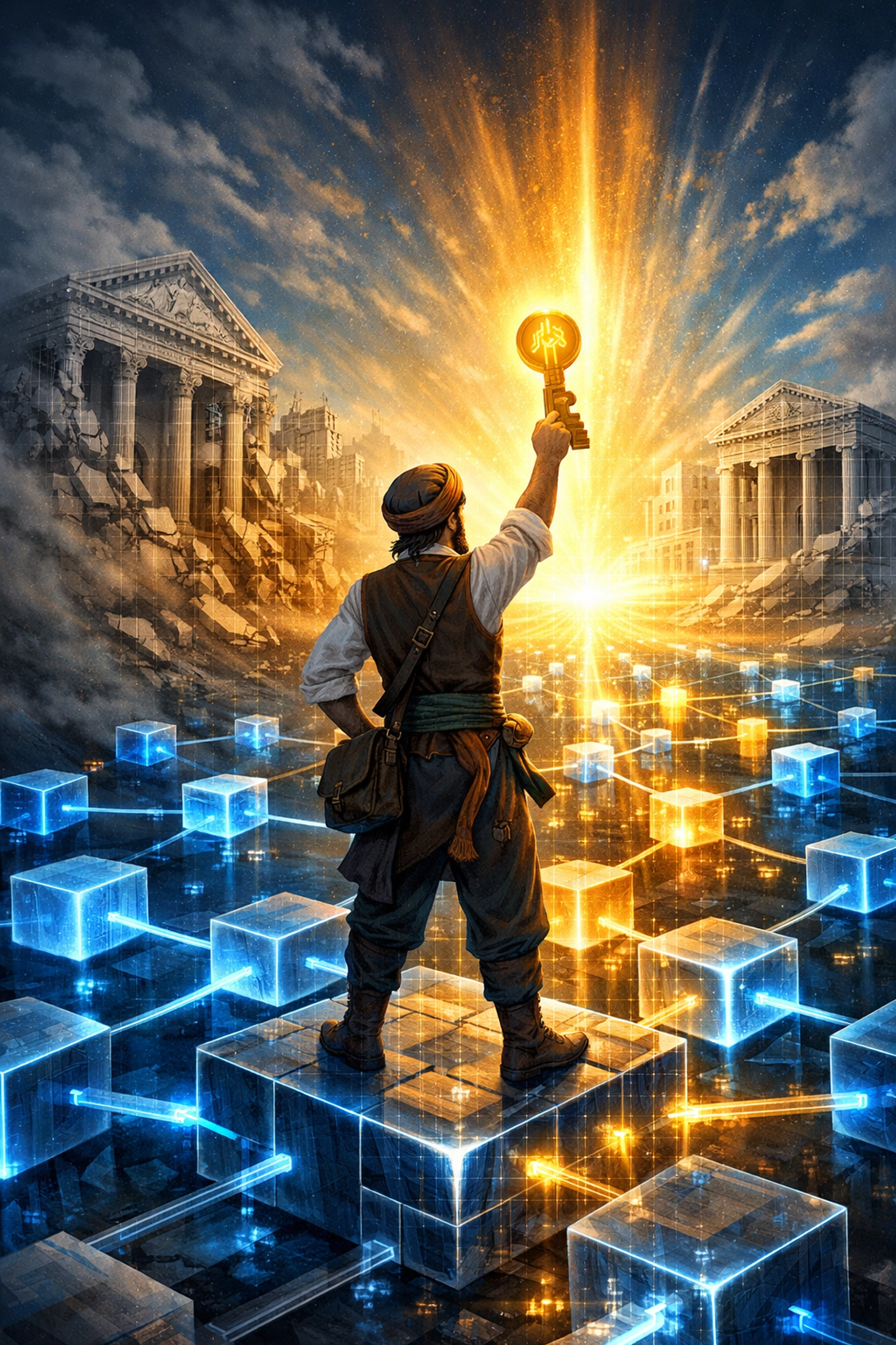 Merchant achieving financial sovereignty through blockchain platform and bank-free operations