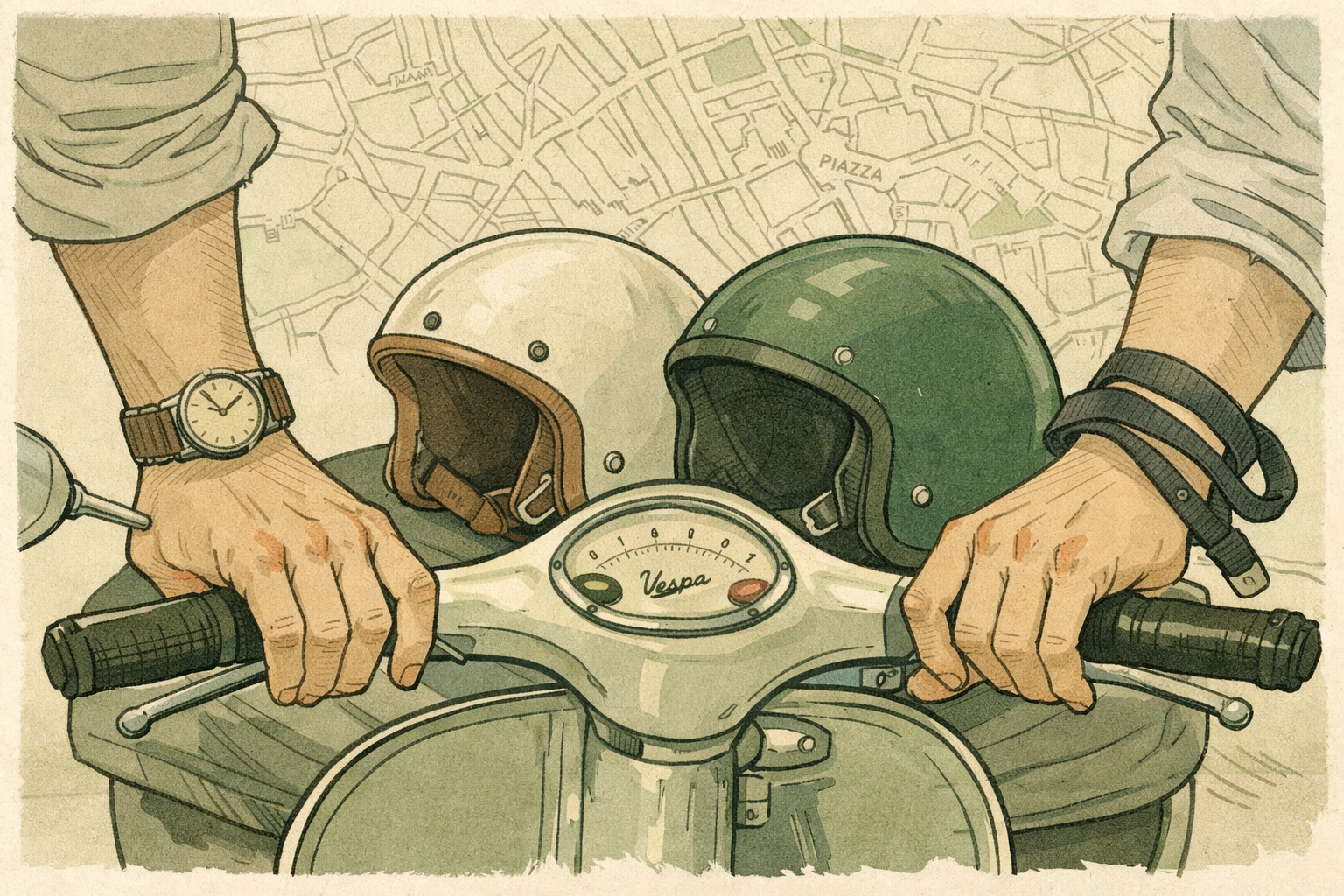Close-up of two men's hands on Vespa handlebars with helmets - gay romance in Rome
