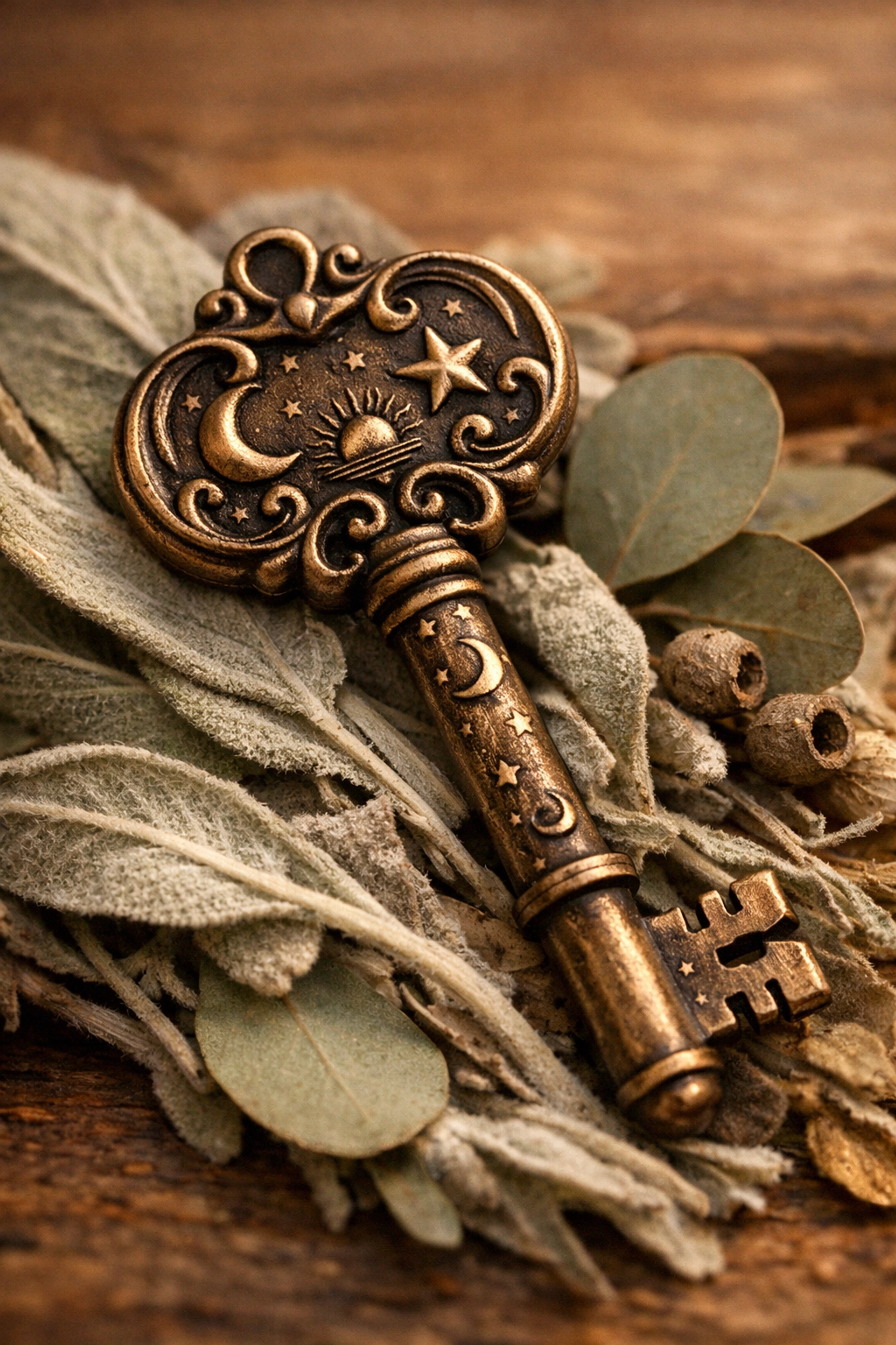 An ornate bronze key on a bed of herbs, symbolizing the key to mastering inner wounds and wisdom.
