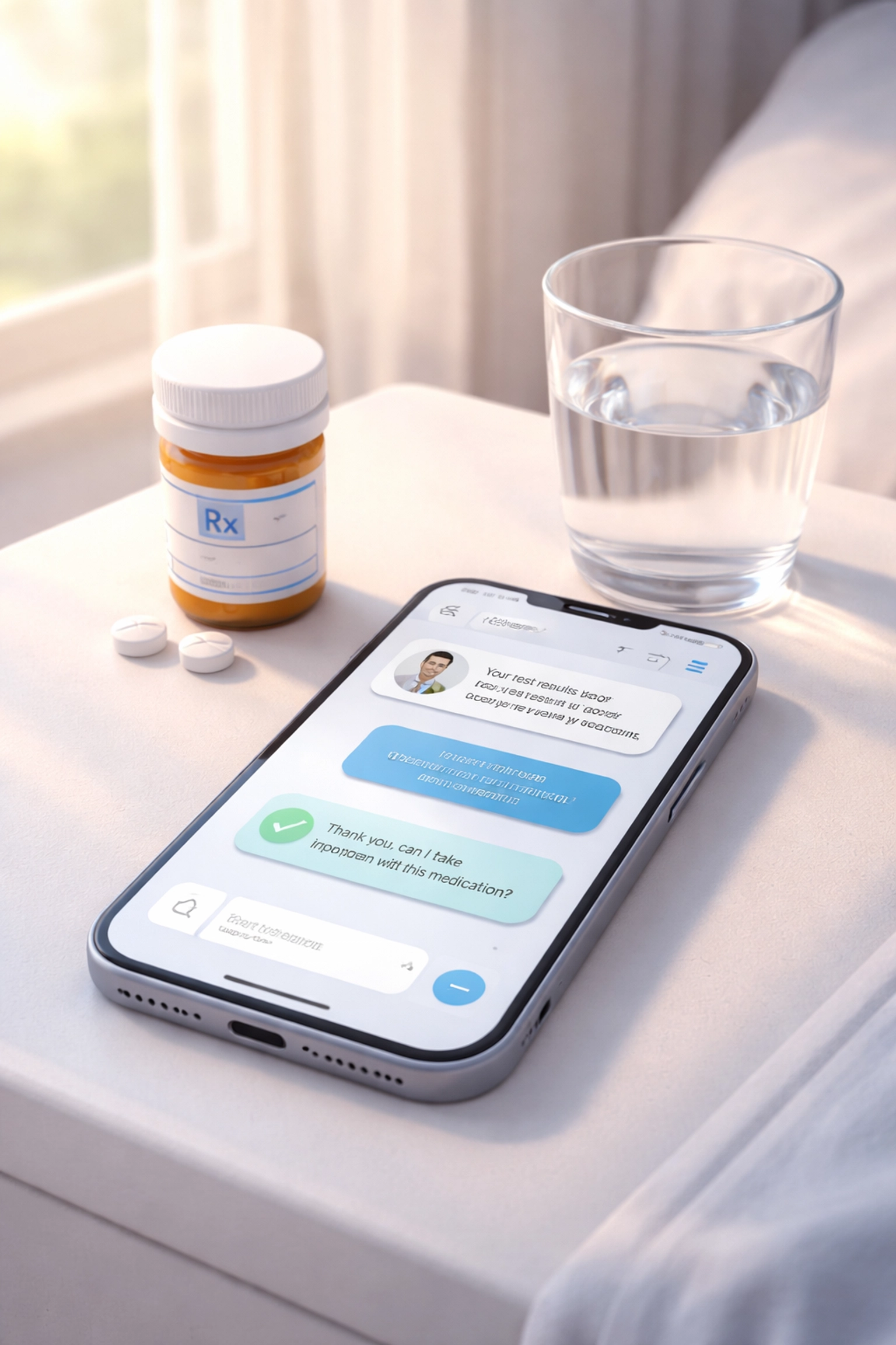 Smartphone showing a text-based medical chat for yeast infection treatment online, with a prescription bottle and water beside it