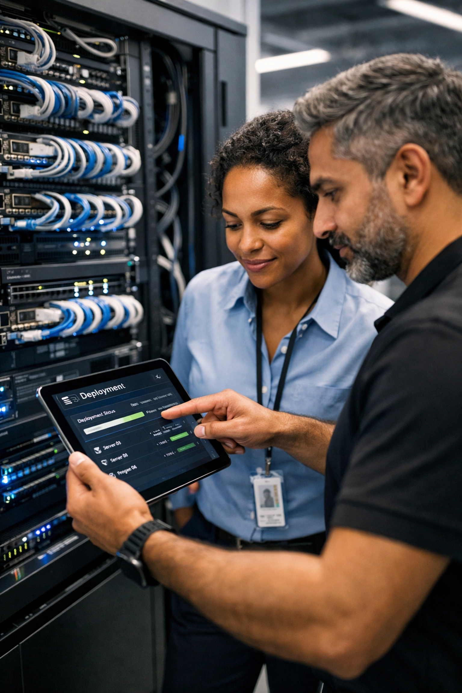 Professionals collaborating in a network operations center on hands-on cloud system deployment and training.