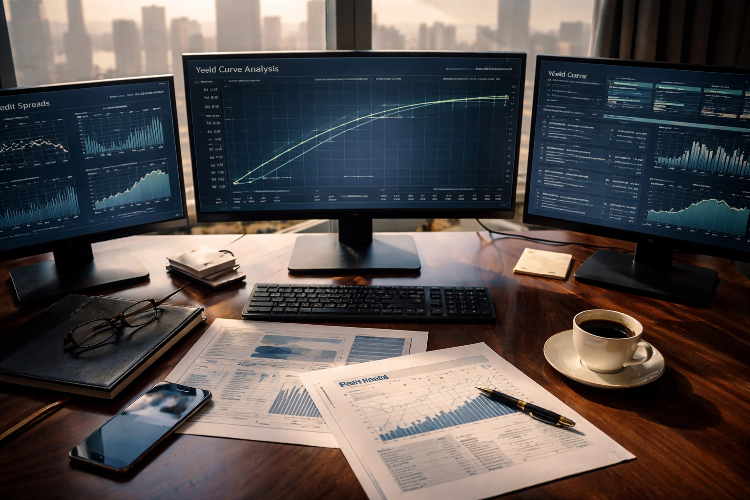 Professional fund manager’s desk with financial reports and screens showing bond yields and credit market data