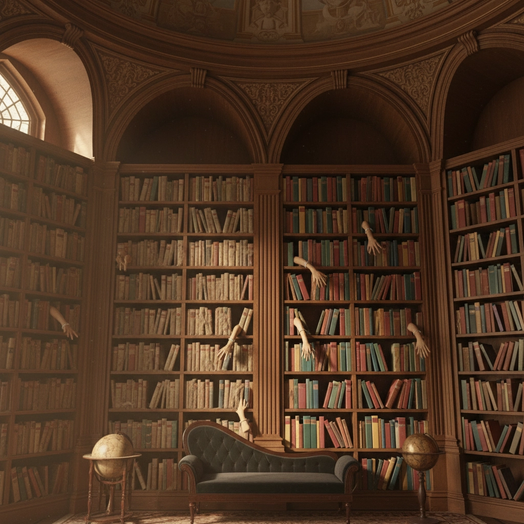 Surreal library scene with towering wooden bookshelves filled with books, where multiple human arms emerge from between the shelves reaching outward. In front of the shelves sits a dark velvet chaise lounge, flanked by two antique globes, with sunlight streaming through an arched window.