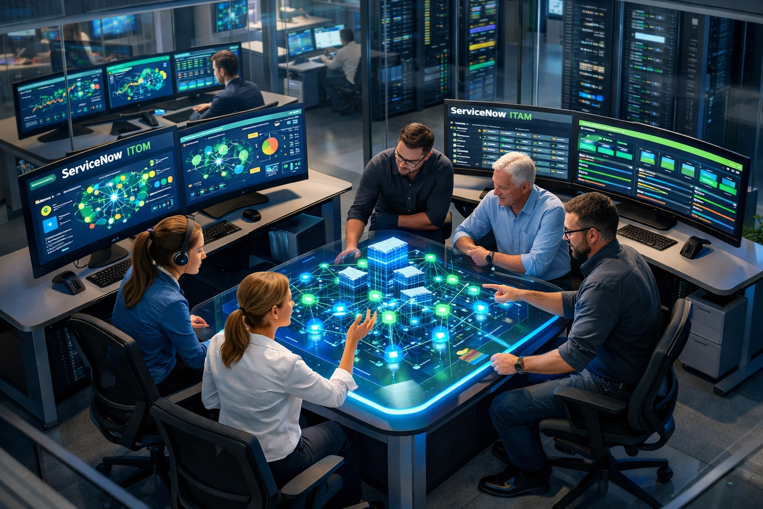 IT operations center displaying ServiceNow ITOM and ITAM dashboards with network monitoring