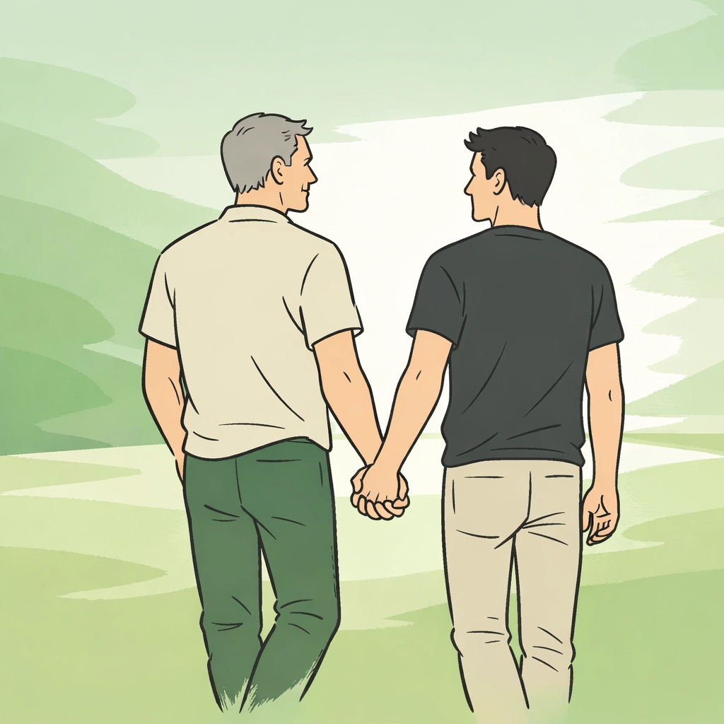 Illustration of a gay couple walking hand-in-hand, representing authentic partnership in MM romance.
