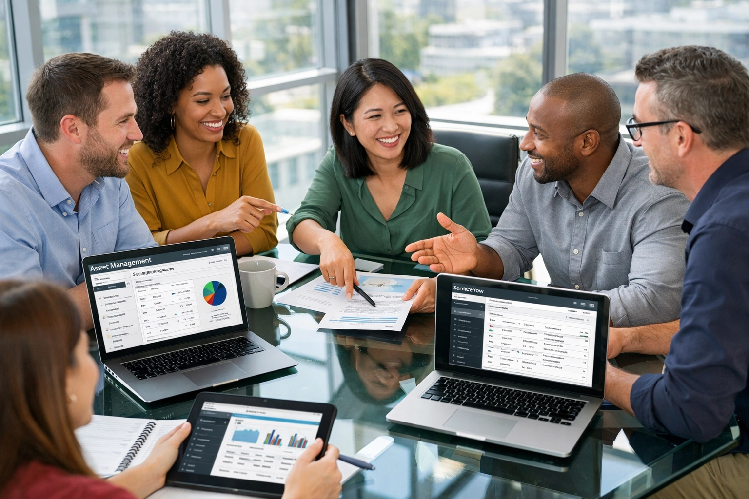 IT team collaborating on ServiceNow implementation partner ROI analysis