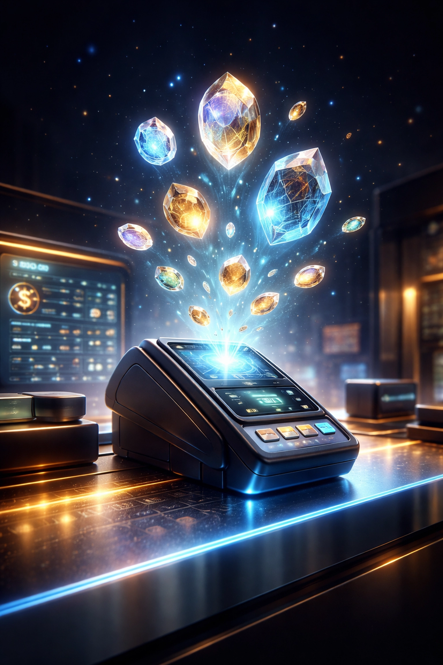 Digital tokens transforming into assets above a payment terminal, illustrating receivables tokenization in Web3 payments.