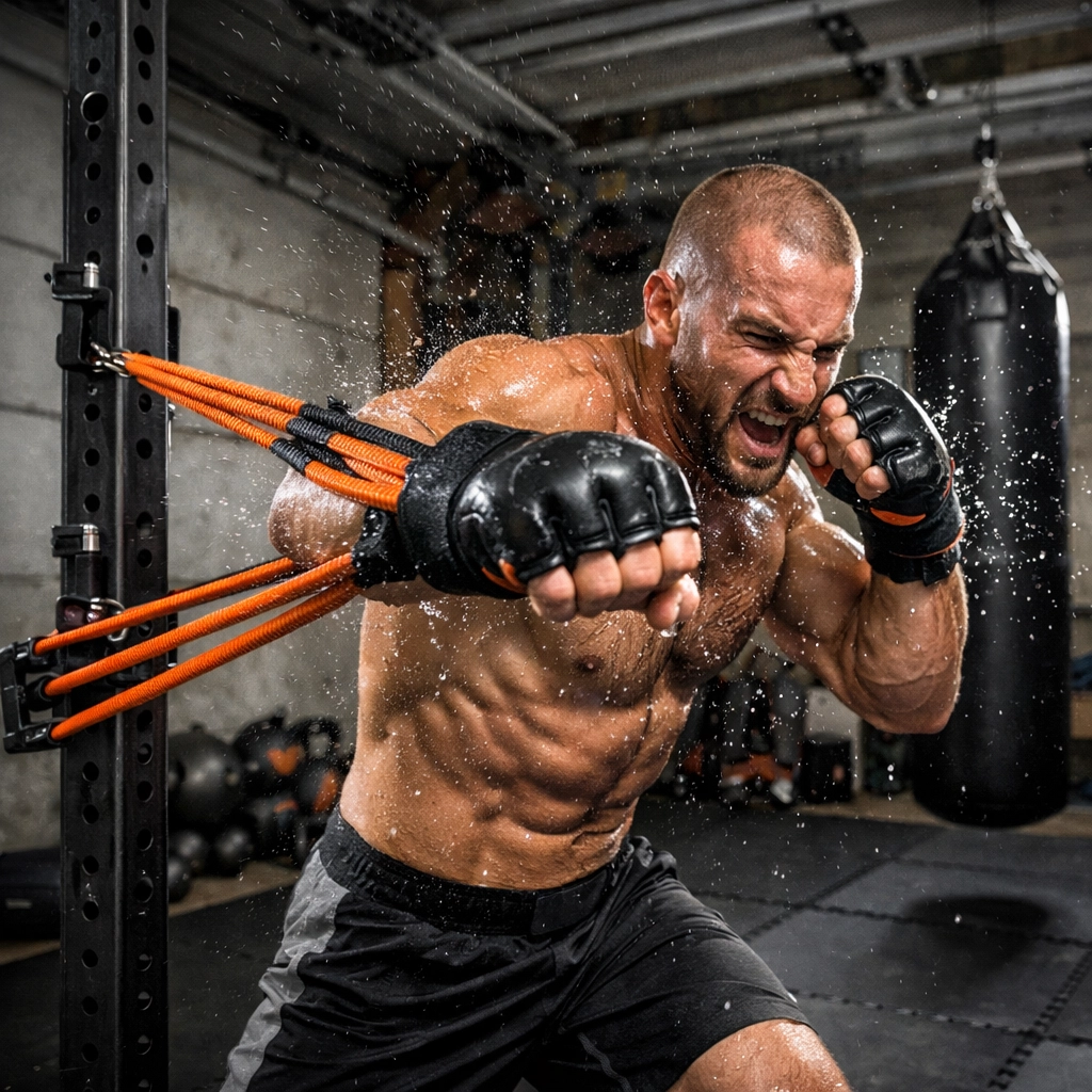 MMA fighter using resistance bands on a versatile home gym rail for explosive punching power.