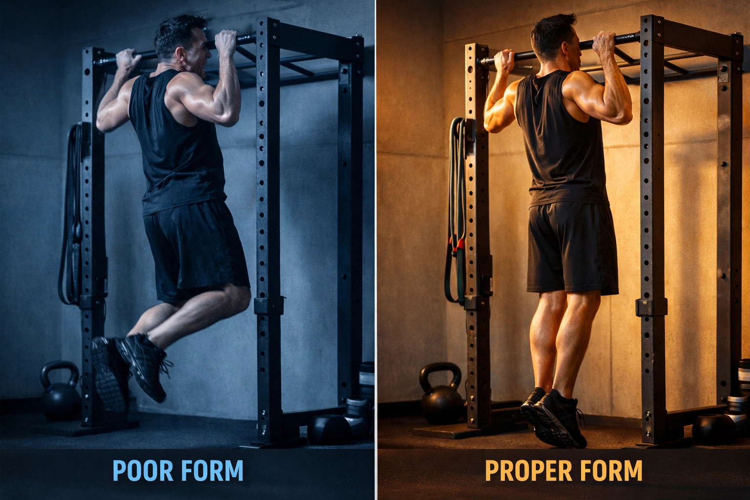 Comparison showing incorrect versus correct pull-up form in home gym setup