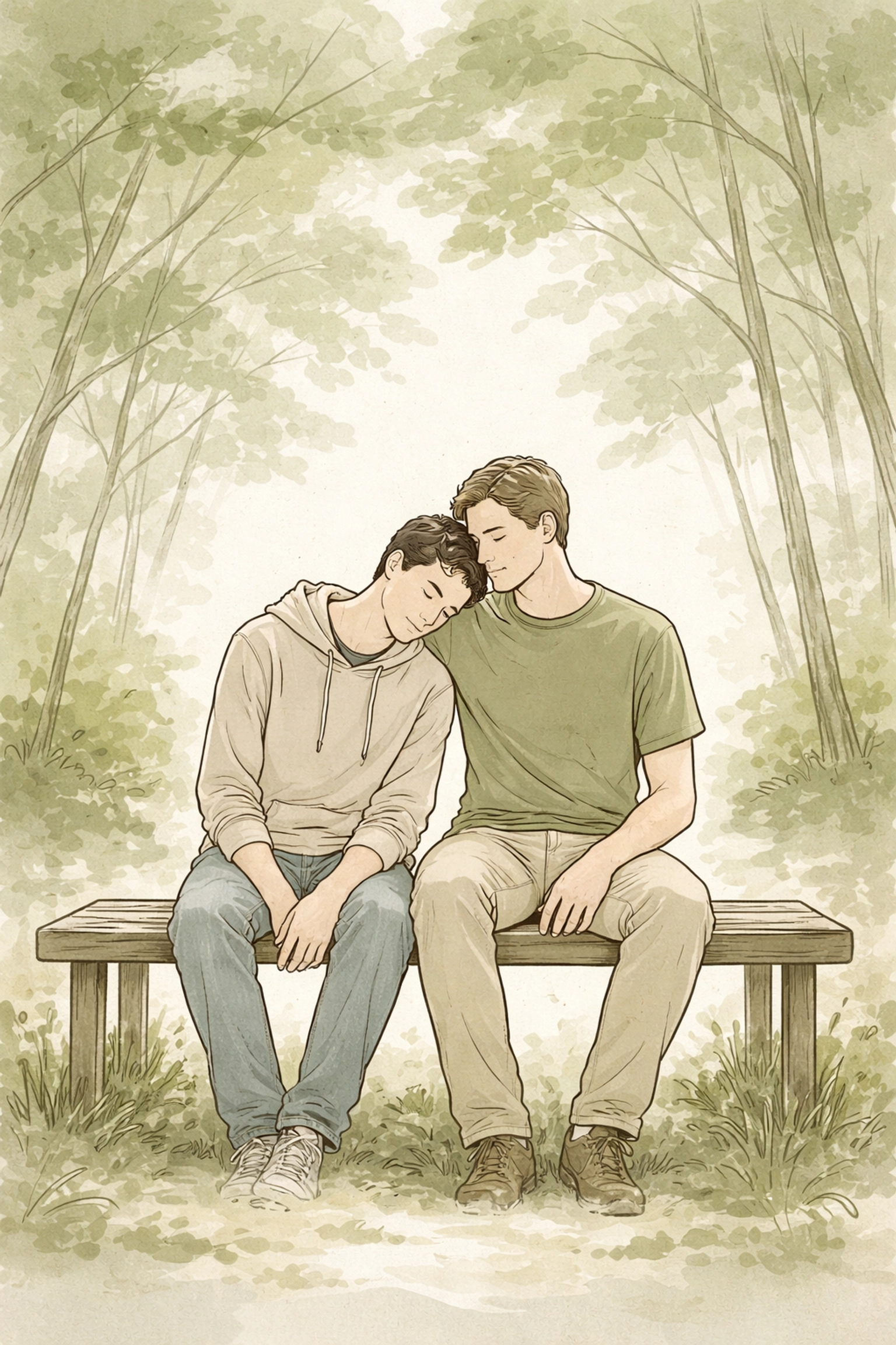 Hand-drawn image of two men sitting close on a forest bench, highlighting emotional intimacy and authenticity in LGBTQ+ literature