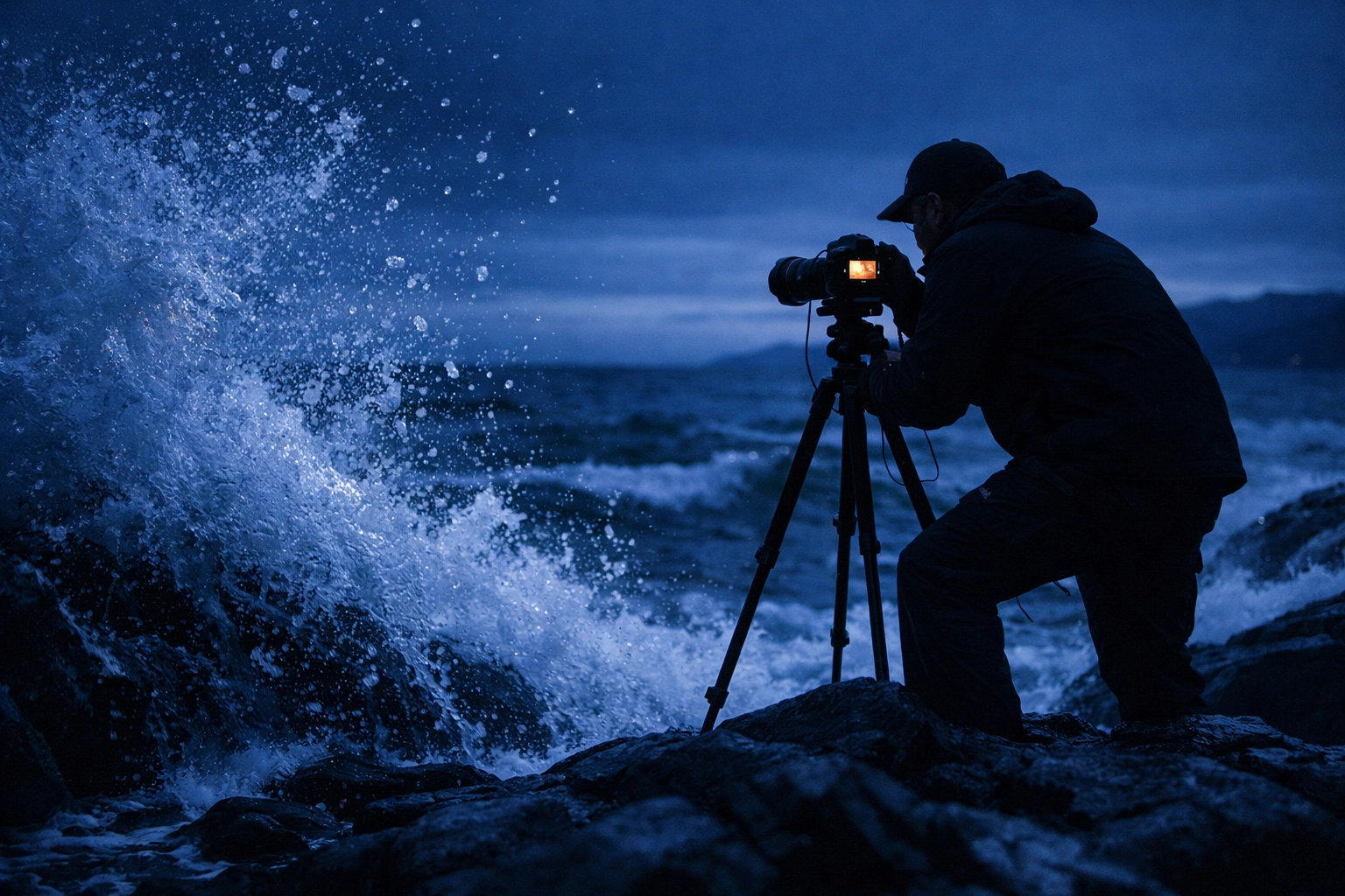 Photographer practicing long exposure at blue hour to master camera settings and avoid manual mode mistakes.
