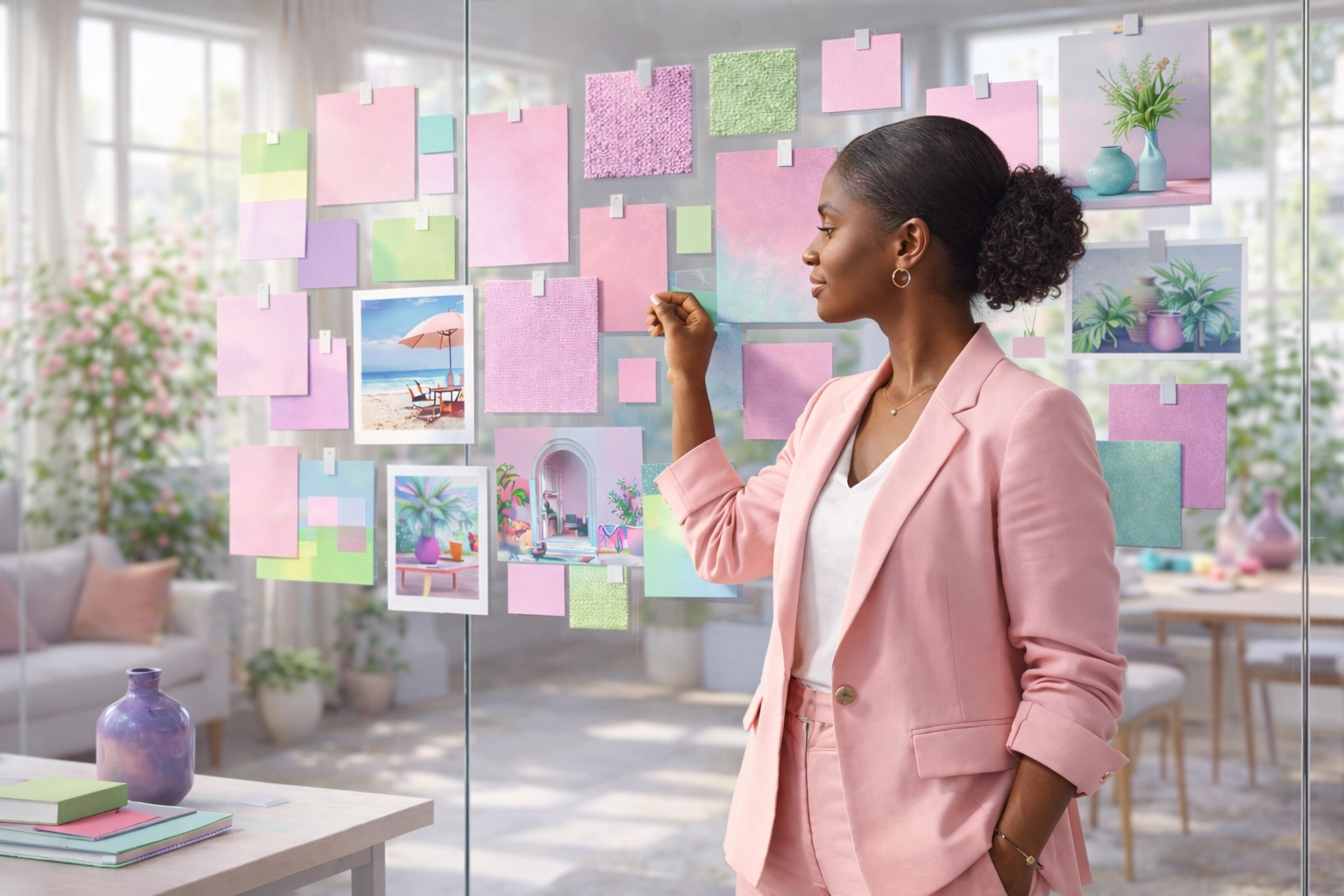 Entrepreneur building personal brand clarity with a consistent aesthetic mood board in an airy studio.