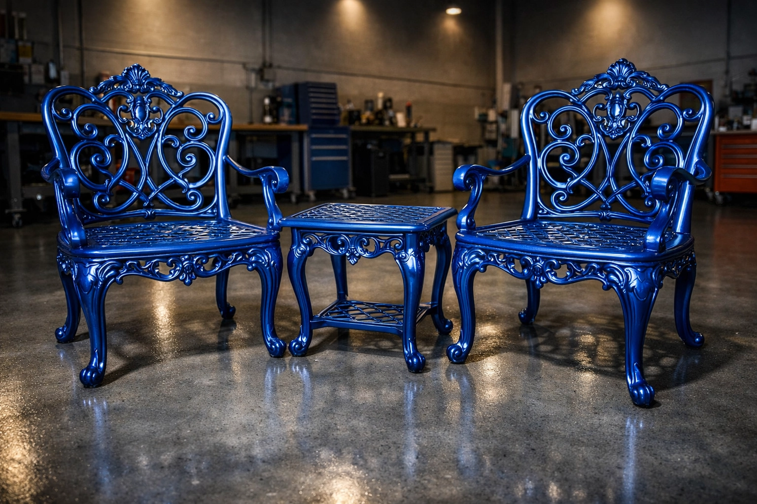 Restored blue powder coated wrought-iron patio chairs after sandblasting at Powder Coat It in Santa Cruz.