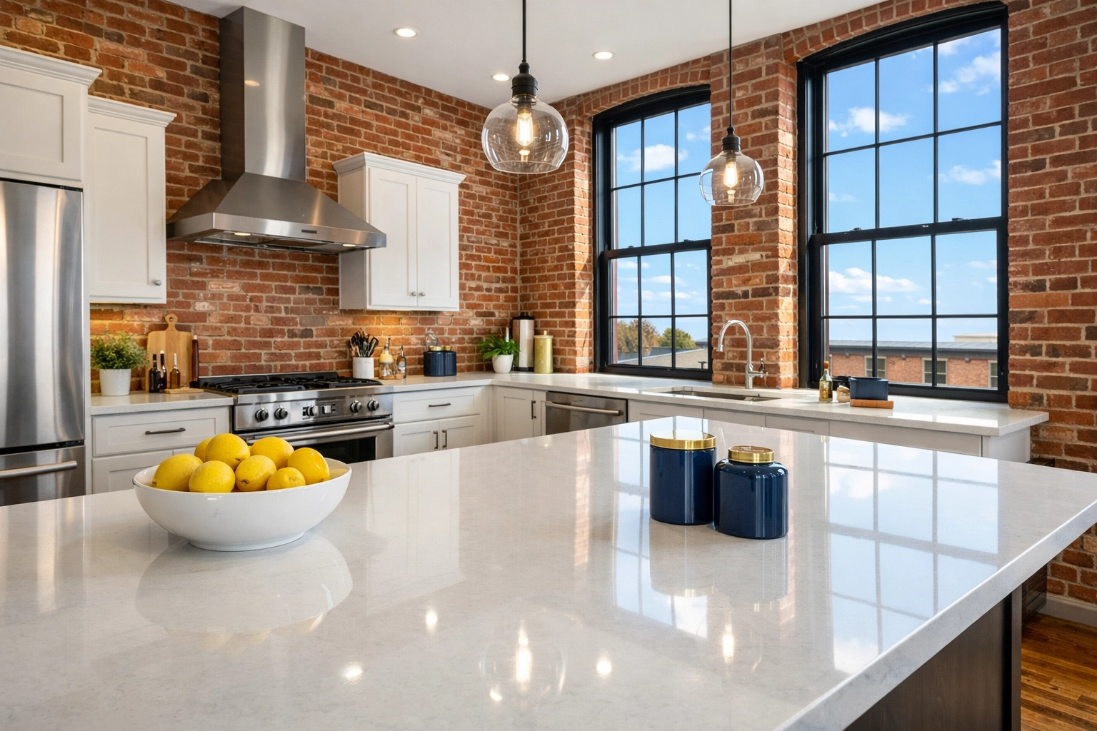 Pristine industrial mill loft kitchen showing high-end house cleaning Lowell MA results.
