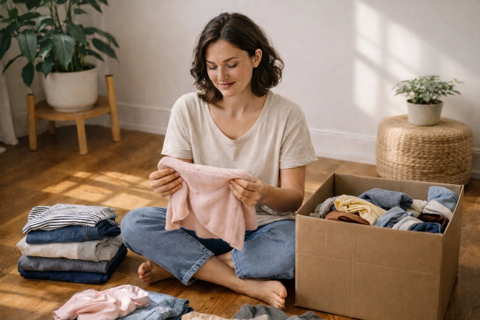 Woman sorting clothes to create an aligned wardrobe that reflects her current identity