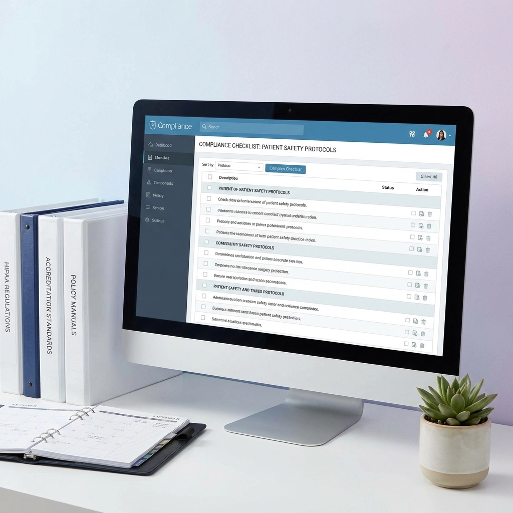 Organized ASC compliance workstation with checklist and schedules for regulatory readiness
