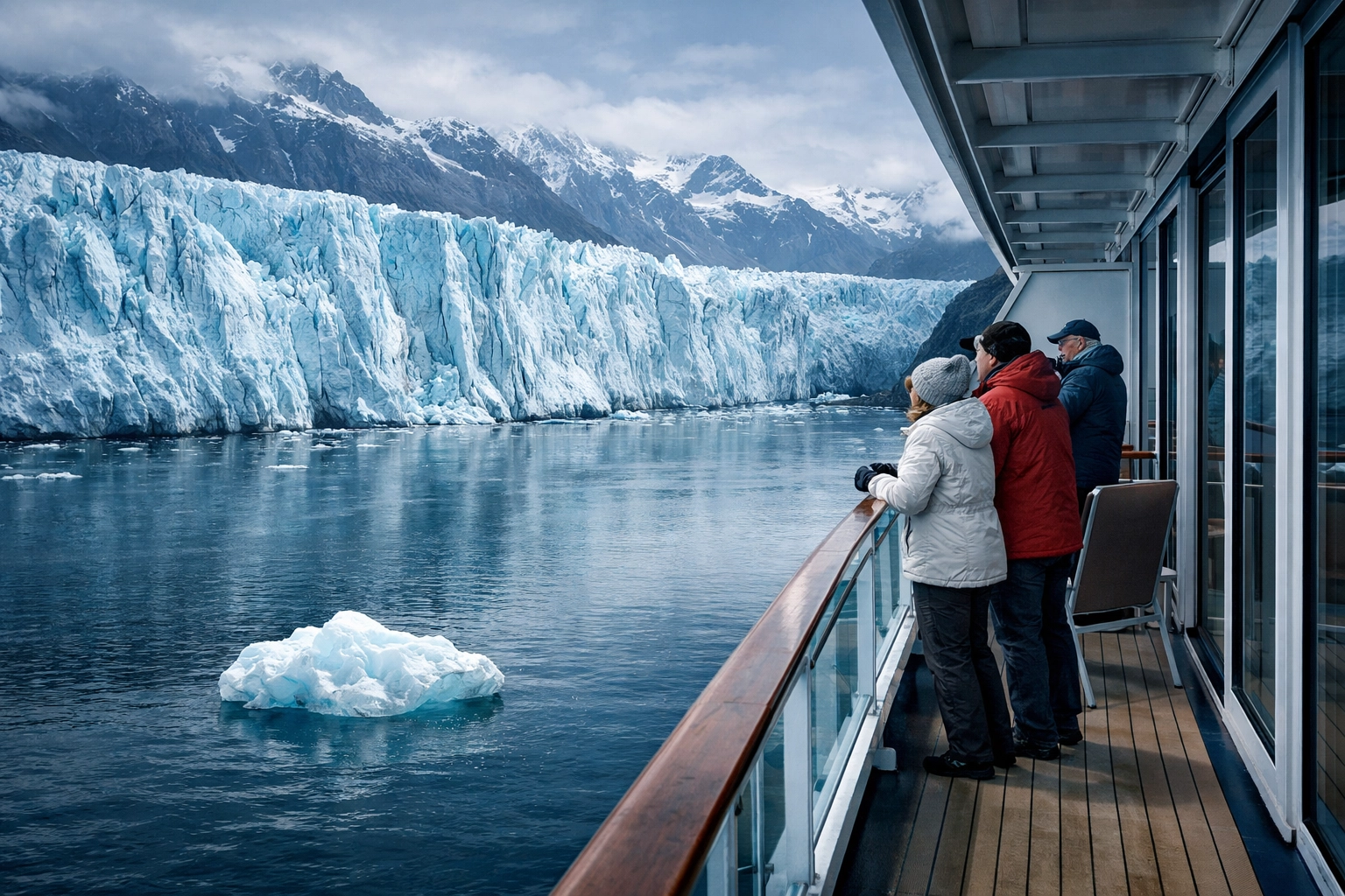 A massive blue glacier viewed from a cruise ship balcony during an Alaskan birthday cruise.