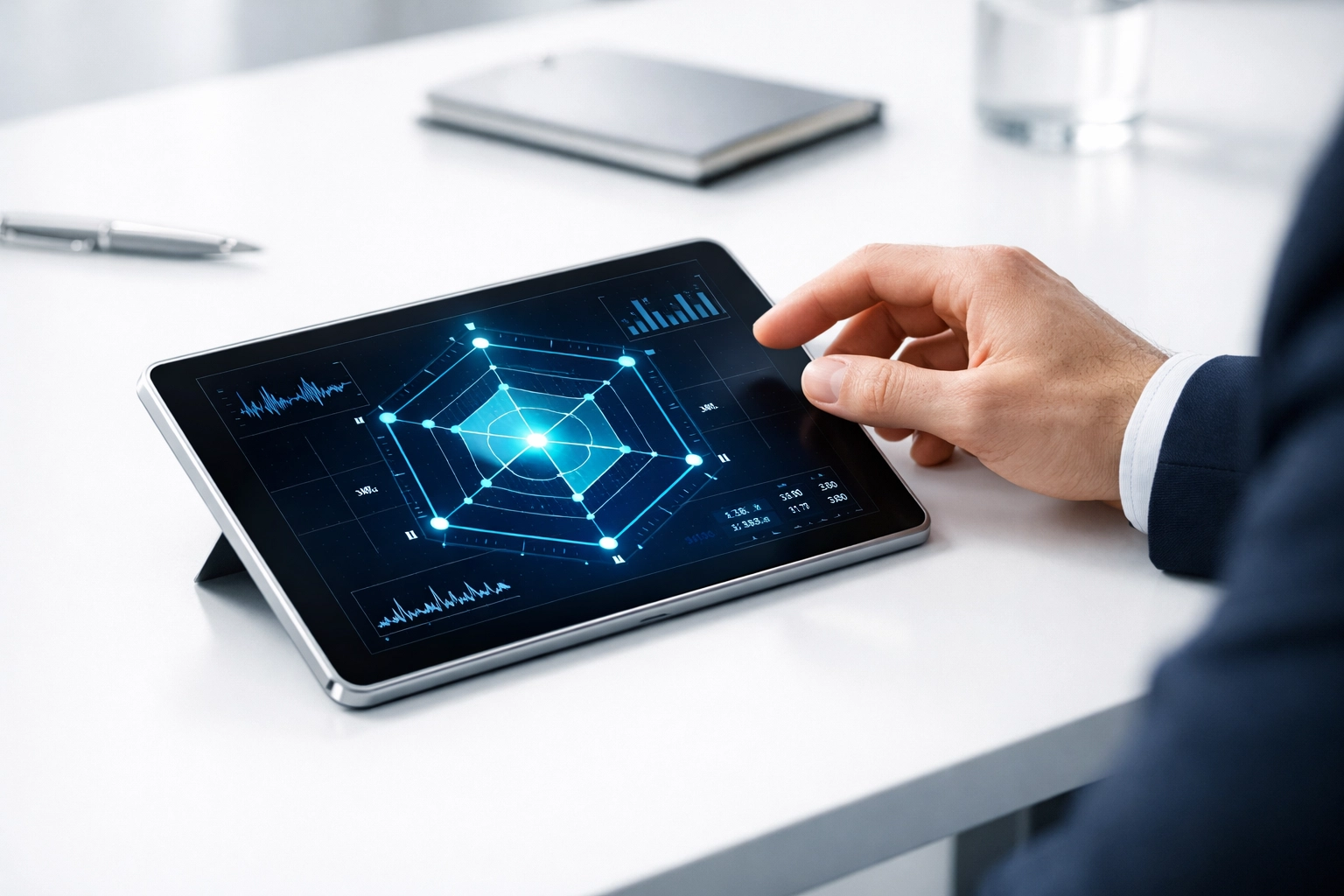 Digital sales diagnostic tool on a tablet showing team skill gaps and performance data visualizations.