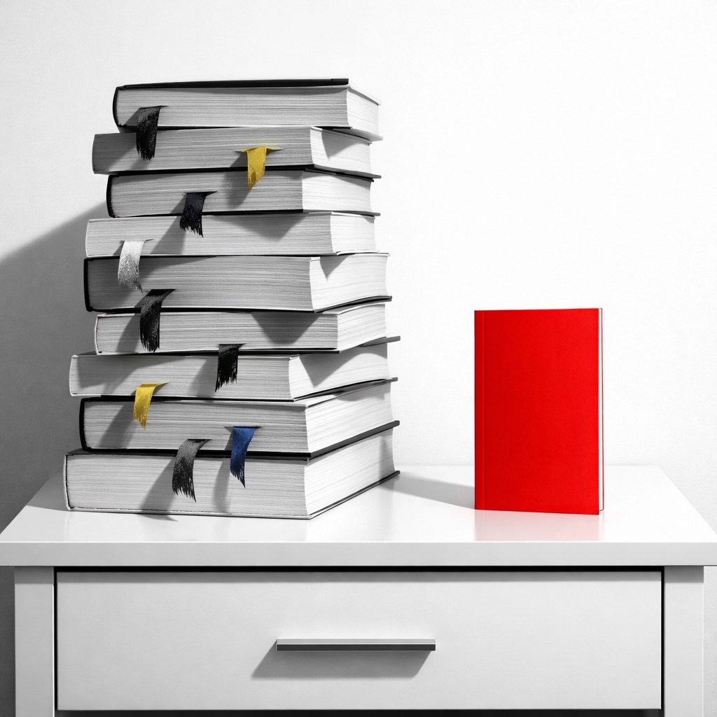 Stack of abandoned DNF novels with bookmarks versus one slim novella on nightstand