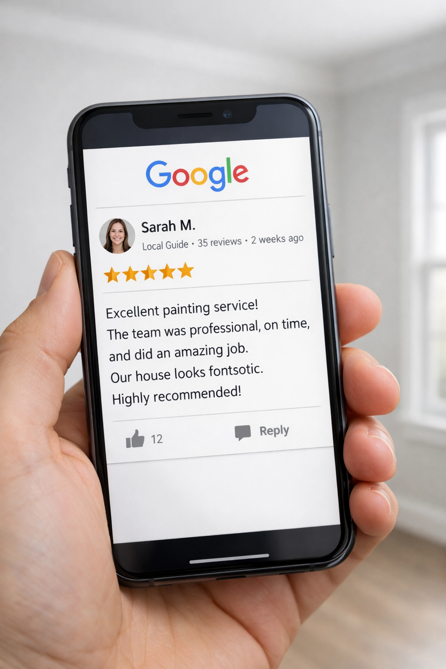 Five-star Google review for painting service on mobile phone