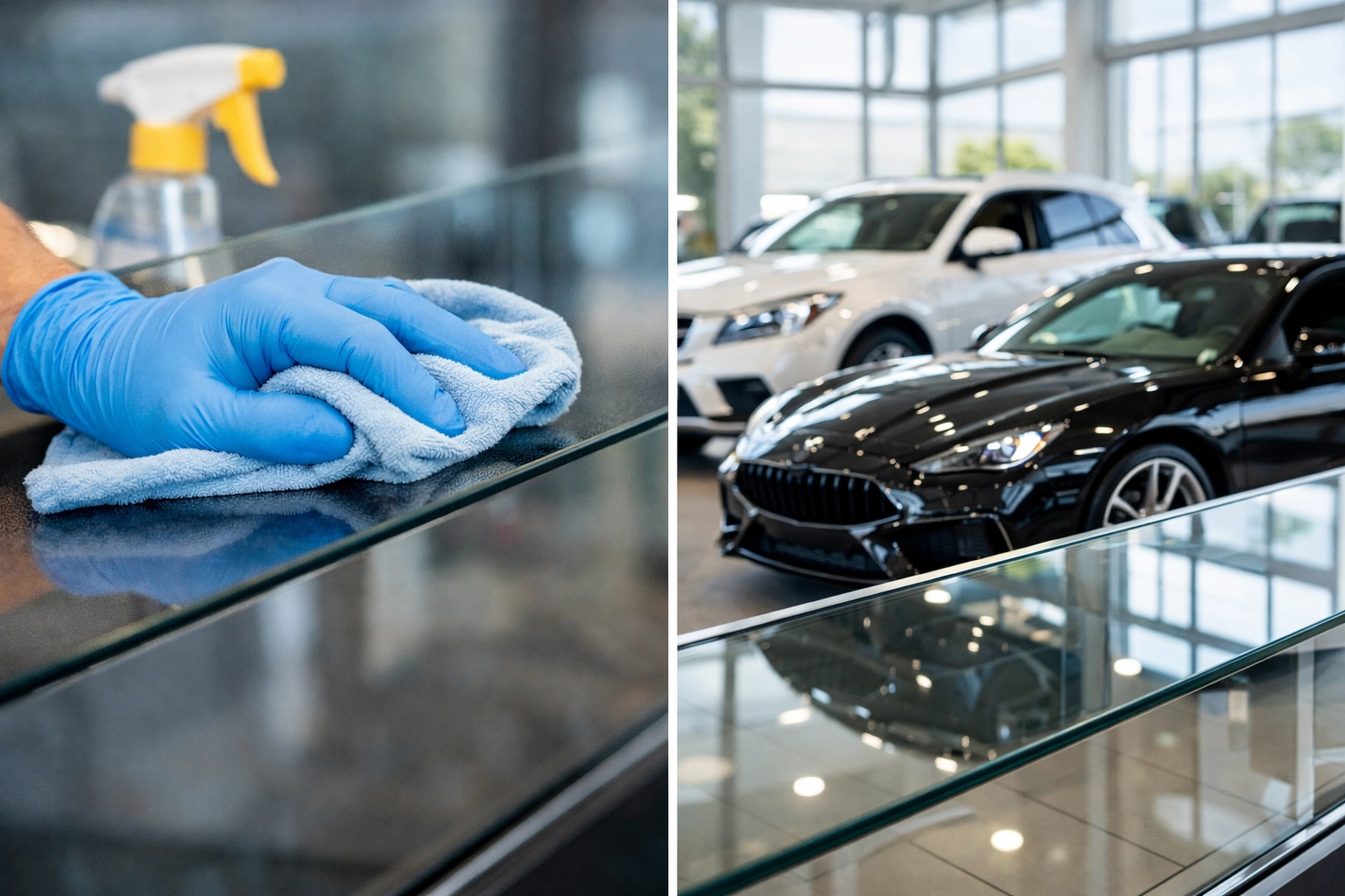 Professional detailing glass displays in car dealership showroom
