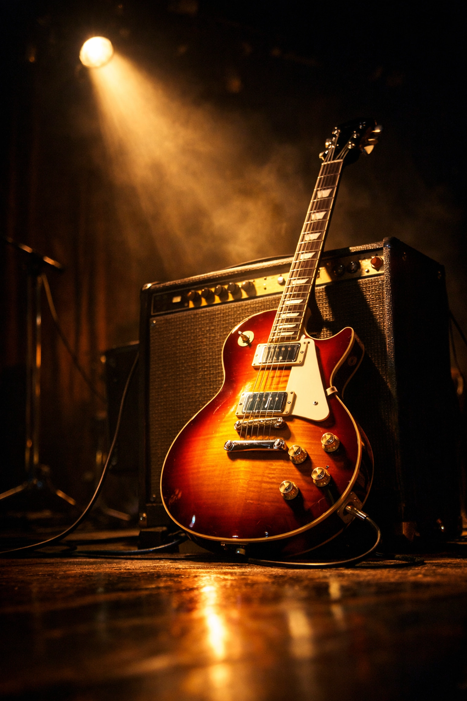 A professional electric guitar under a spotlight, representing the goal of mastering the instrument.