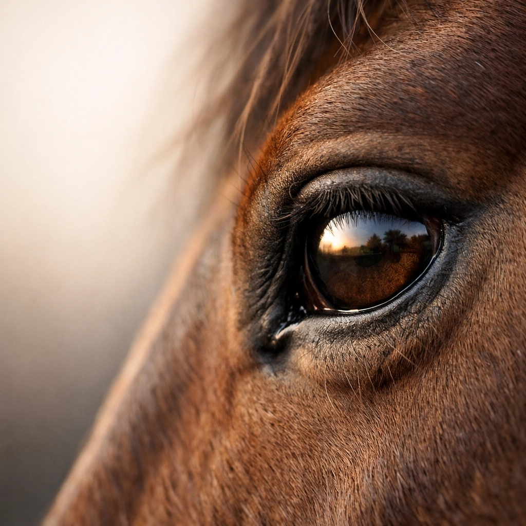 Close-up of a horse's eye reflecting light, illustrating the biological photoperiod trigger for the seasonal shedding cycle.