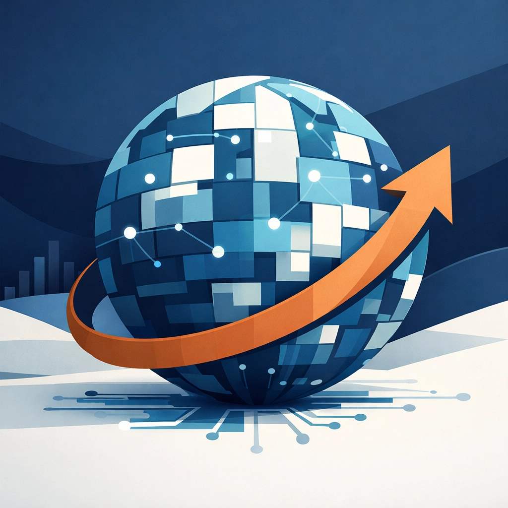 Digital globe with a growth arrow representing the future of B2B cross border payments.