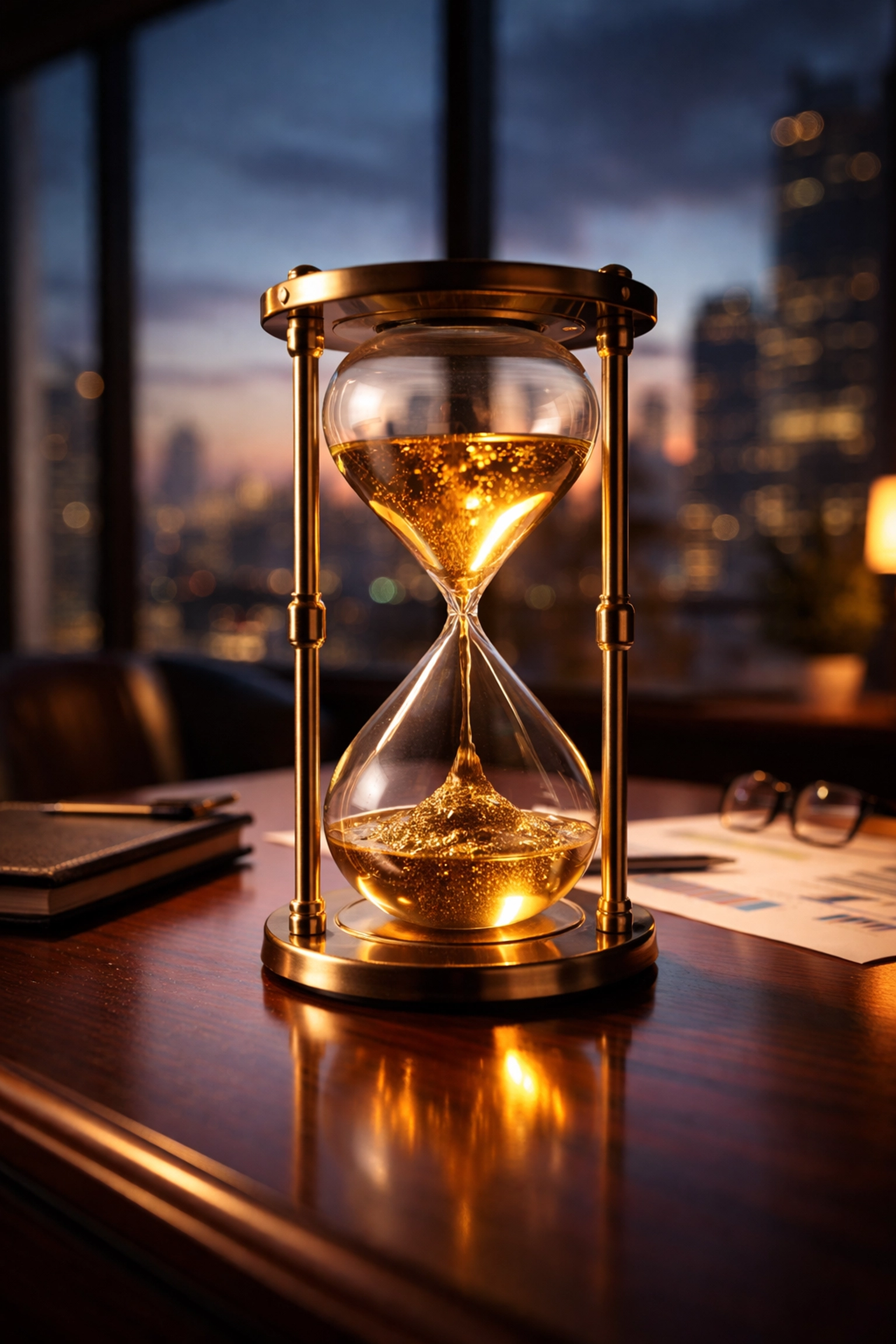 Hourglass with golden liquid on office desk, symbolizing time, patience, and long-term alternative investment strategy