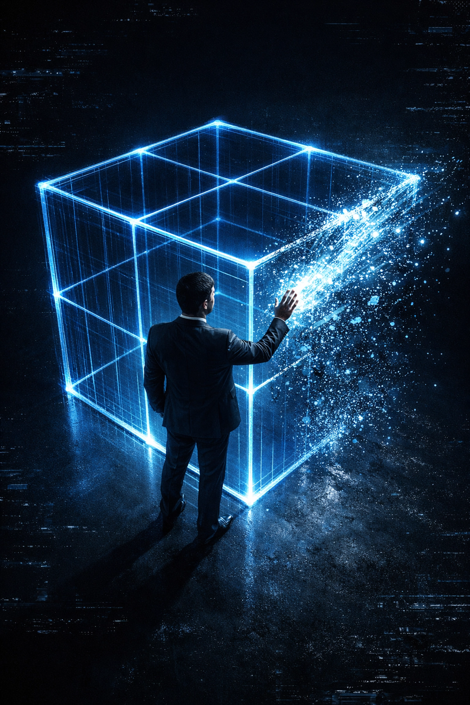 Digital figure escaping a glowing cage symbolizing the move from rigid SaaS to custom CRM freedom.