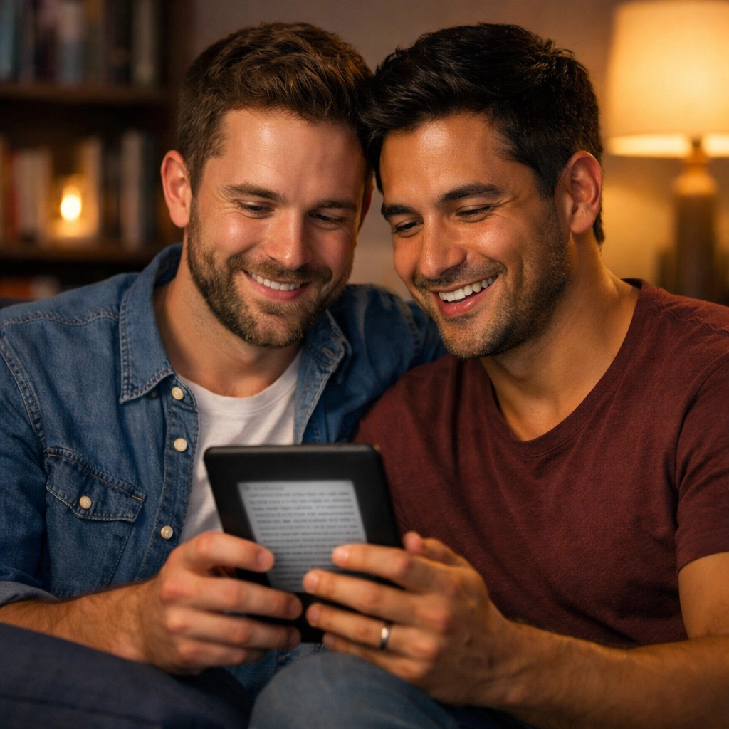 Two men sharing a romantic moment while reading a popular MM romance ebook together on a sofa.