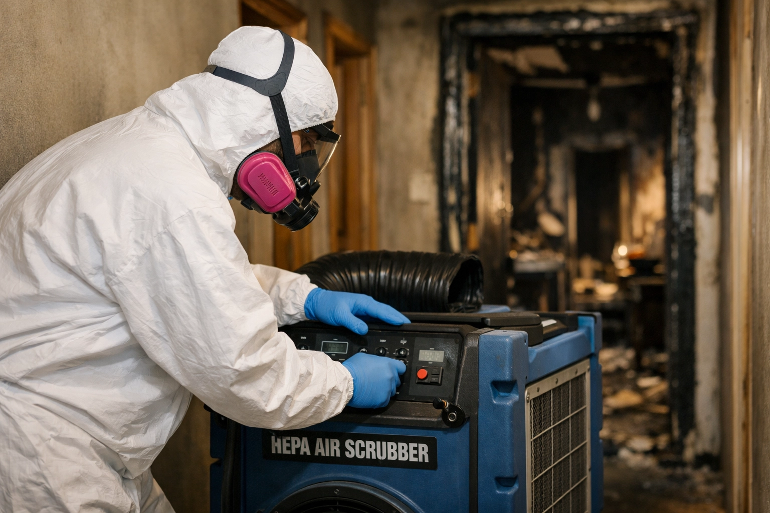 Professional technician using a HEPA air scrubber to remove smoke smell from a house after fire damage.
